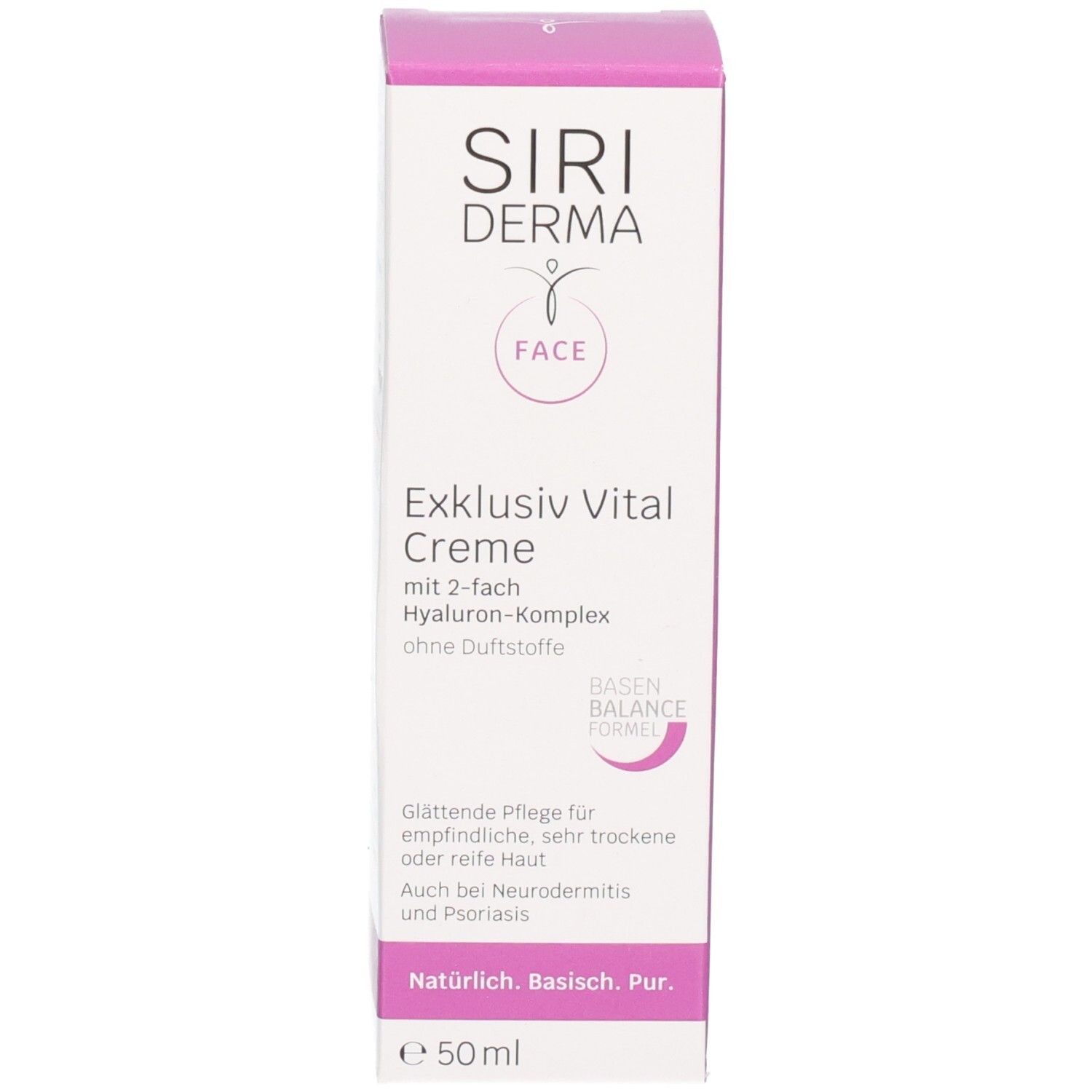 Avant de l'emballage SIRIDERMA Exklusiv Vital Crème, 50ml, avec complexe d'acide hyaluronique.