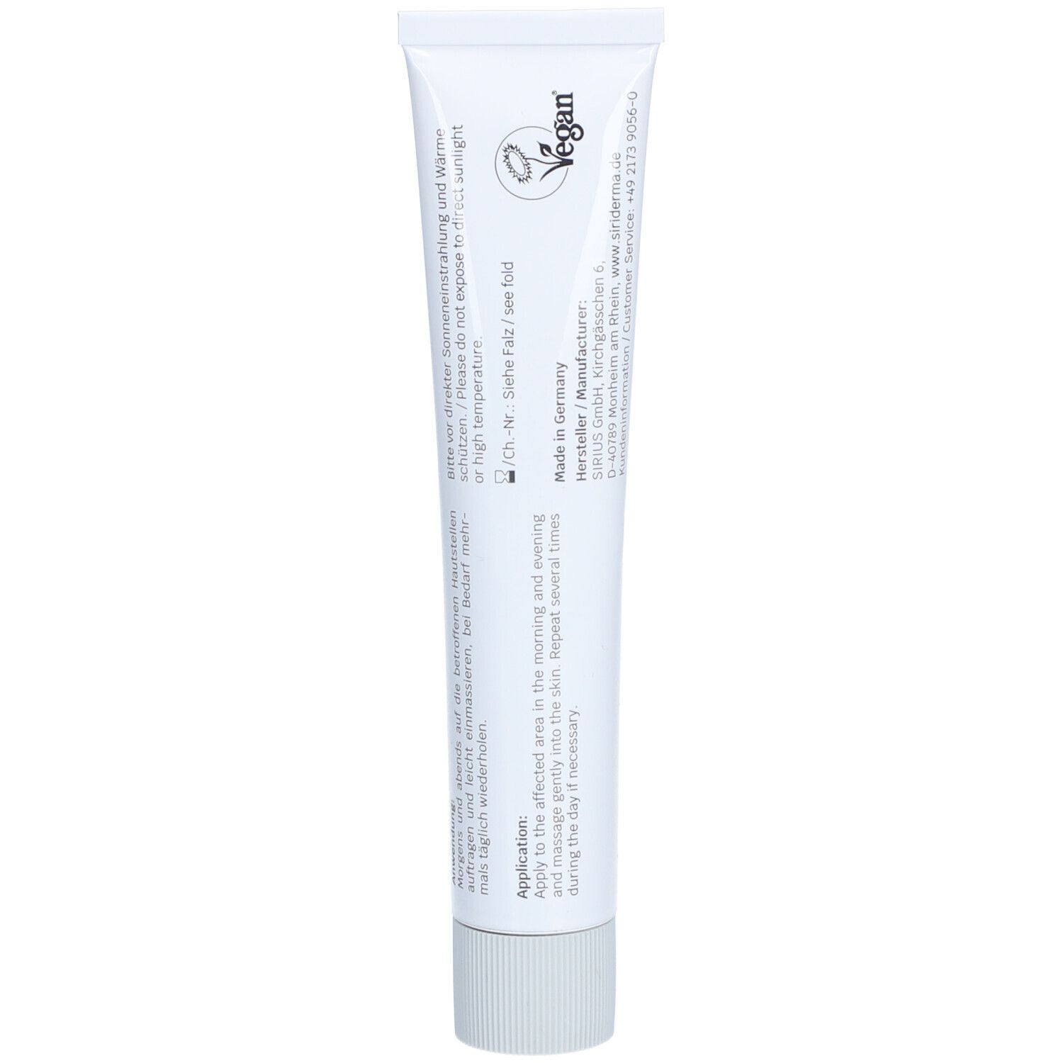 Arrière d'un tube SIRIDERMA Intensivcreme avec instructions d'application et sceau Vegan.