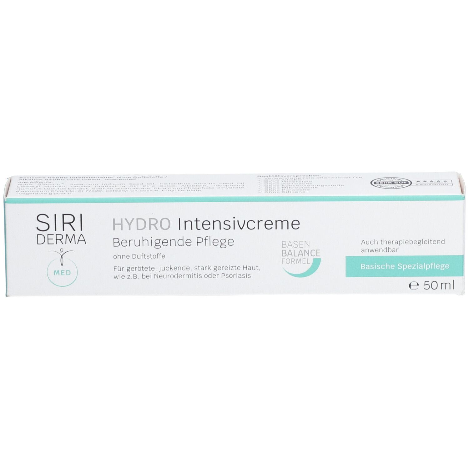 Boîte de Siriderma Hydro Intense Crème. Design blanc-turquoise. Texte : Soin apaisant, sans parfum, 50ml.