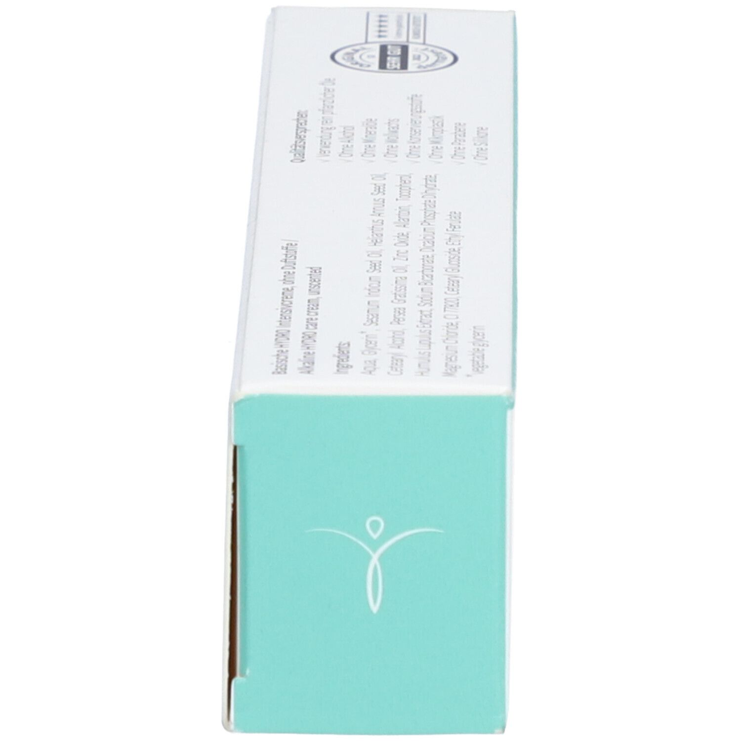Vue latérale de la boîte de Siriderma Hydro Intense Crème. Design blanc-turquoise. Texte : Ingrédients, logo MED.