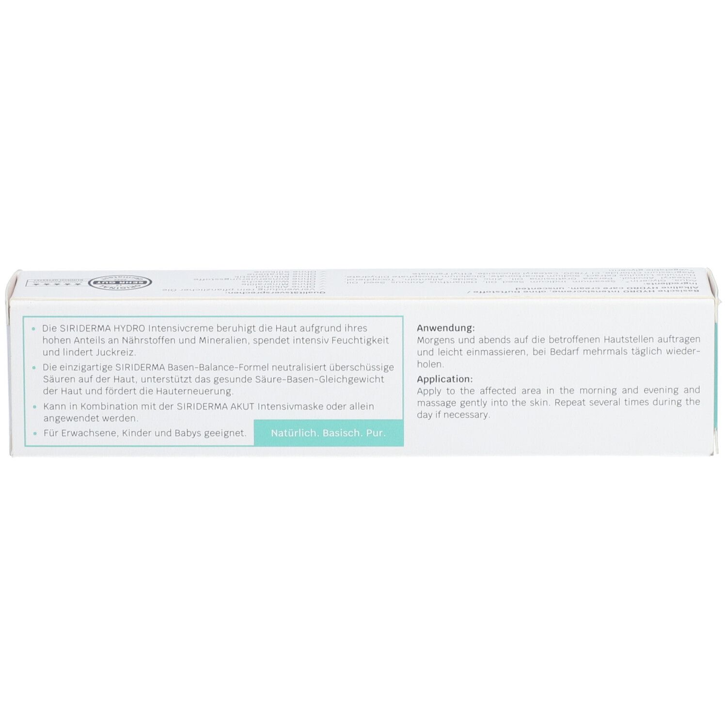 Dessus de la boîte de Siriderma Hydro Intense Crème. Design blanc-turquoise. Texte : Utilisation, ingrédients, logo MED.