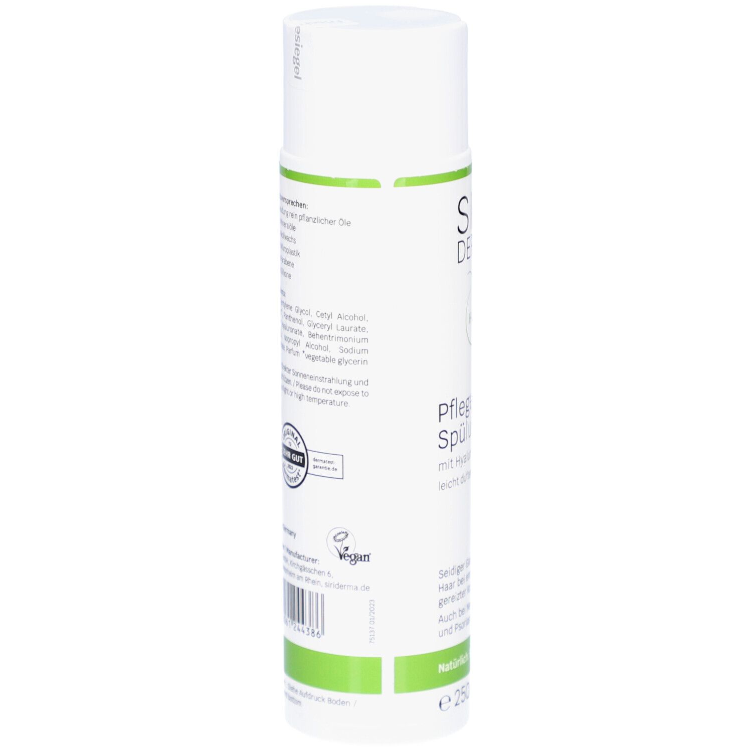 Witte spuitfles met groene accenten, 250ml. Bevat verzorgende spoeling.