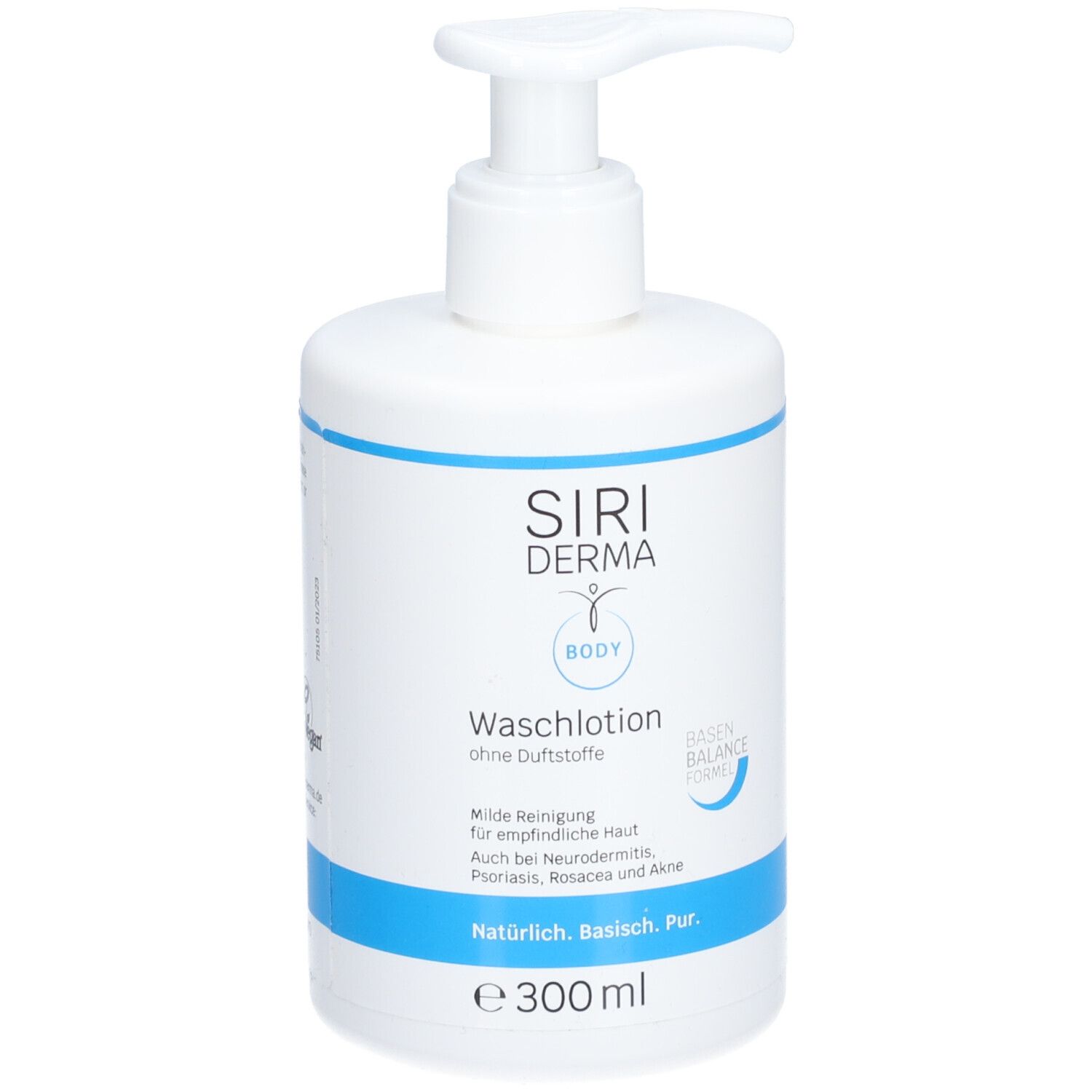 Flacon pompe blanc avec accents bleus, lotion lavante 300ml.