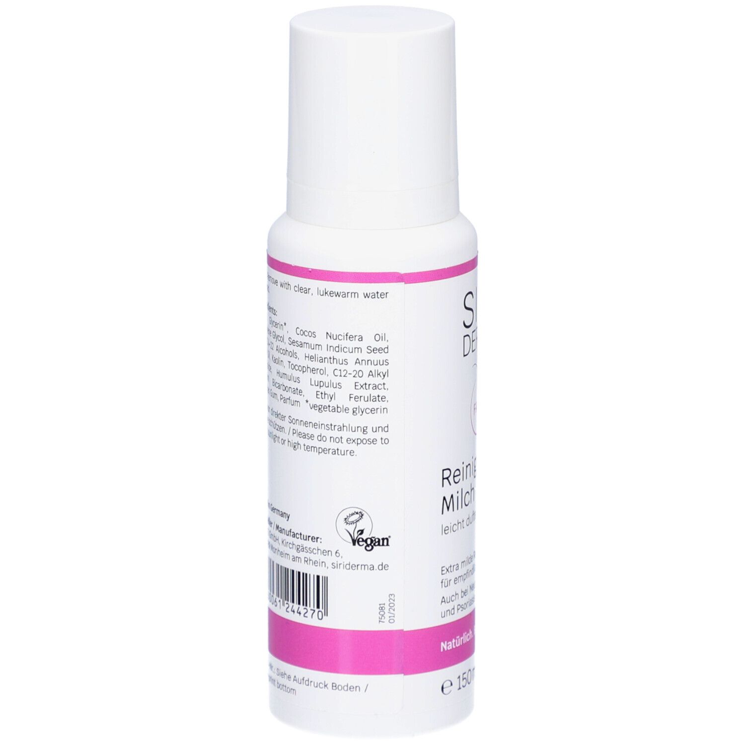 Dos du flacon blanc avec étiquette rose. Ingrédients, informations fabricant, label Vegan.