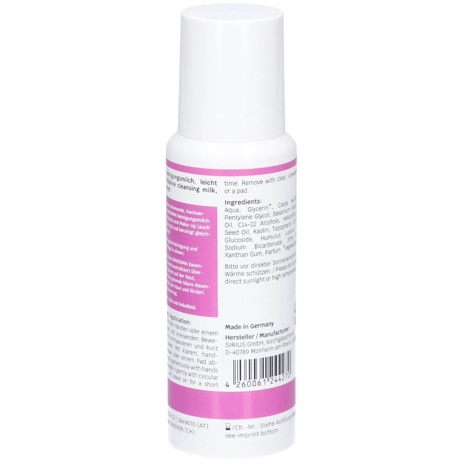 Dos du flacon blanc avec étiquette rose. Ingrédients, mode d'emploi, informations fabricant.