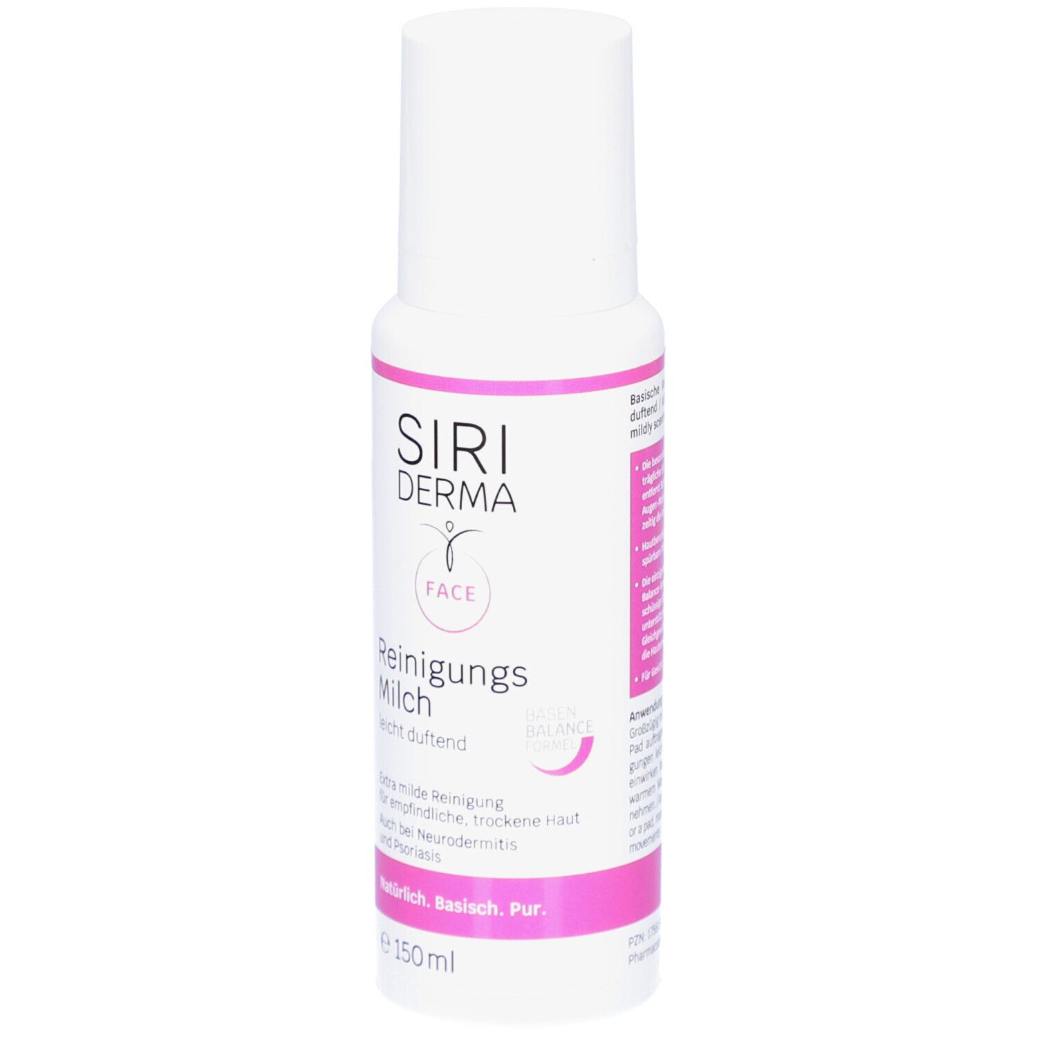 Flacon blanc avec étiquette rose. Inscription : SIRIDERMA, Lait nettoyant, soin du visage. 150 ml.