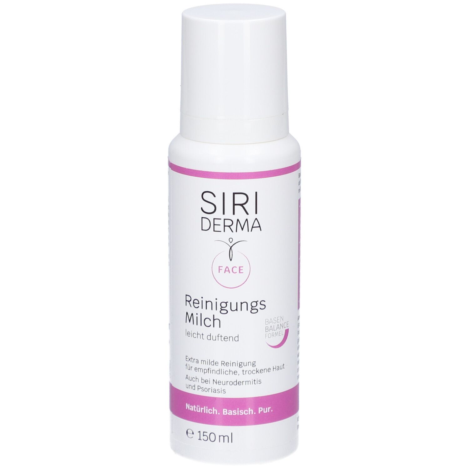Flacon blanc avec étiquette rose. Inscription : SIRIDERMA, Lait nettoyant, soin du visage. 150 ml.