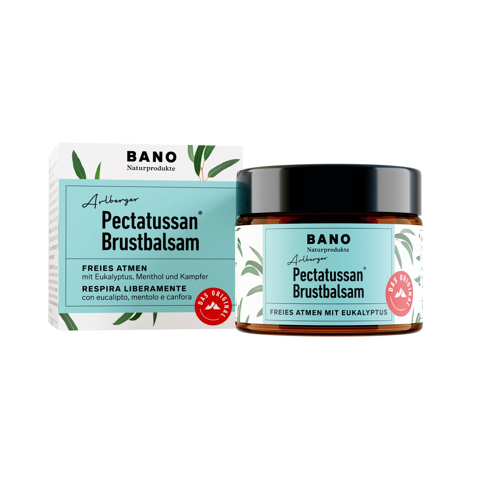 BANO Pectatussan® Brustbalsam, pot et emballage. Inscription : Respiration facile avec de l'eucalyptus. Emballage vert et blanc.
