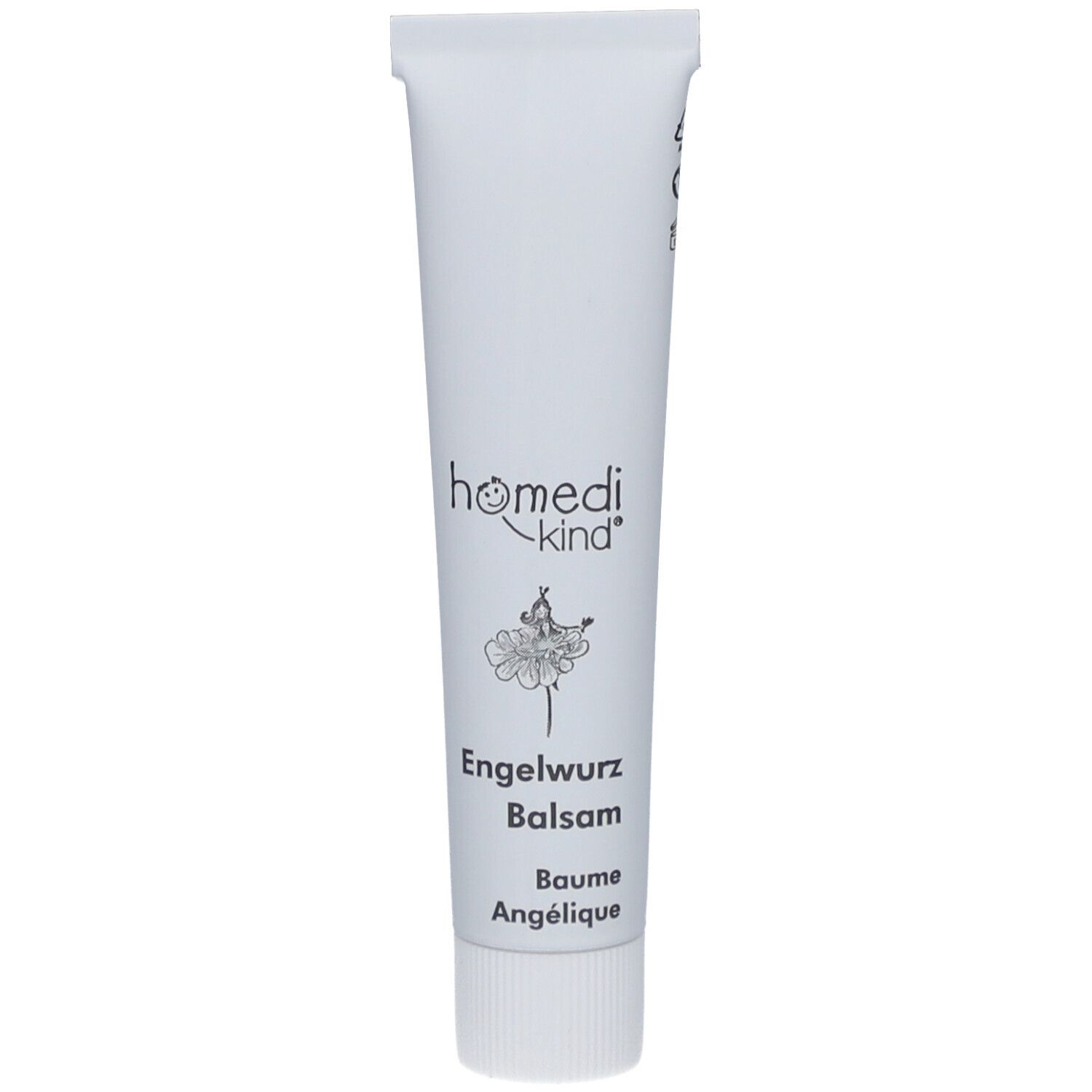 Tube blanc avec logo homedi-kind® et nom du produit Engelwurz Balsam. Texte en allemand et français.