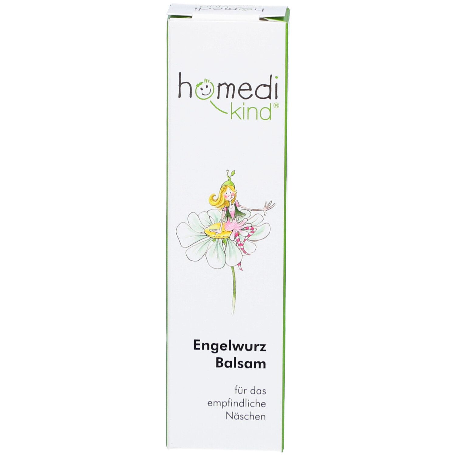 Emballage produit blanc, haut, avec logo, illustration et nom du produit Engelwurz Balsam. Texte en allemand.