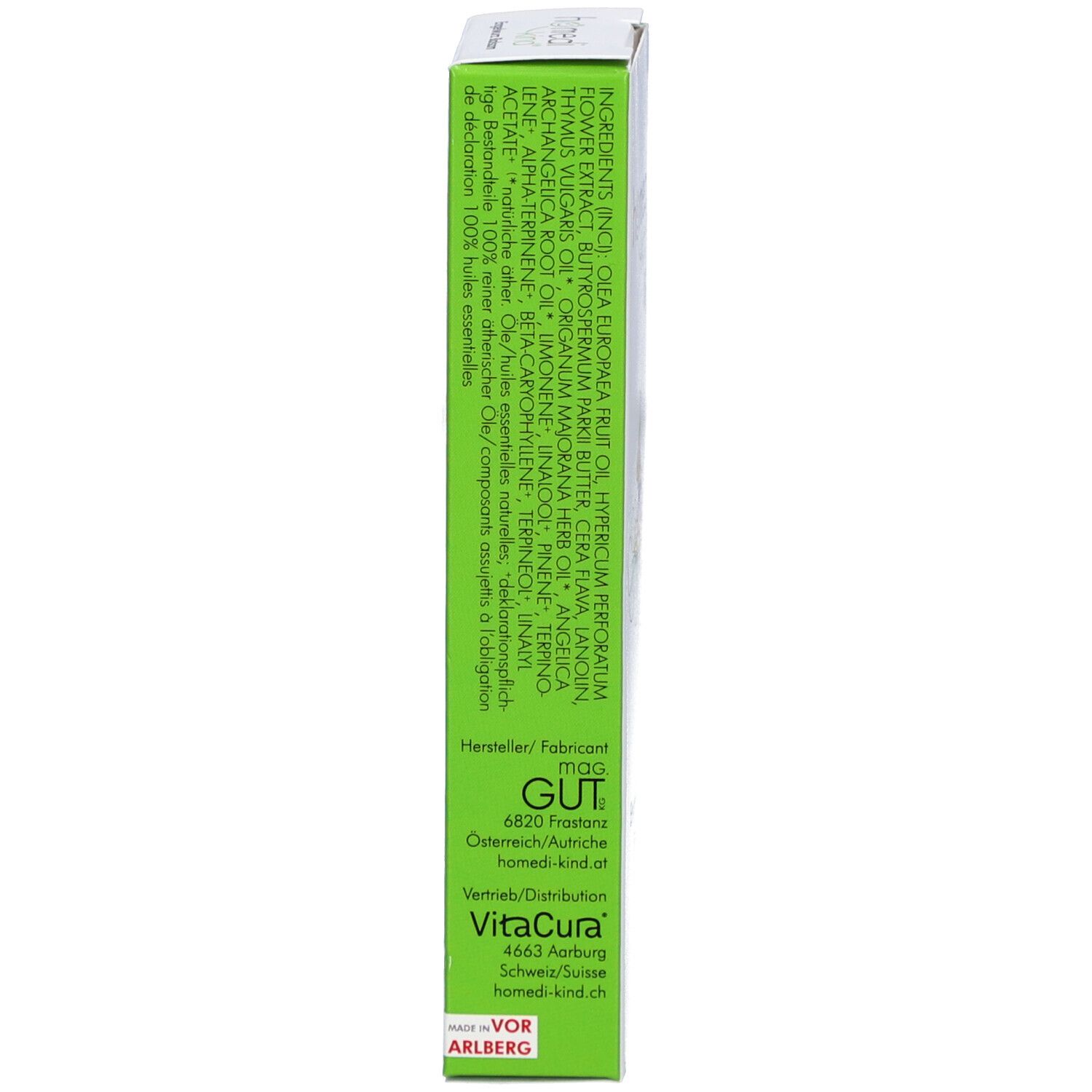 Vue latérale de l'emballage du produit. Texte avec ingrédients et informations du fabricant. Texte en allemand.