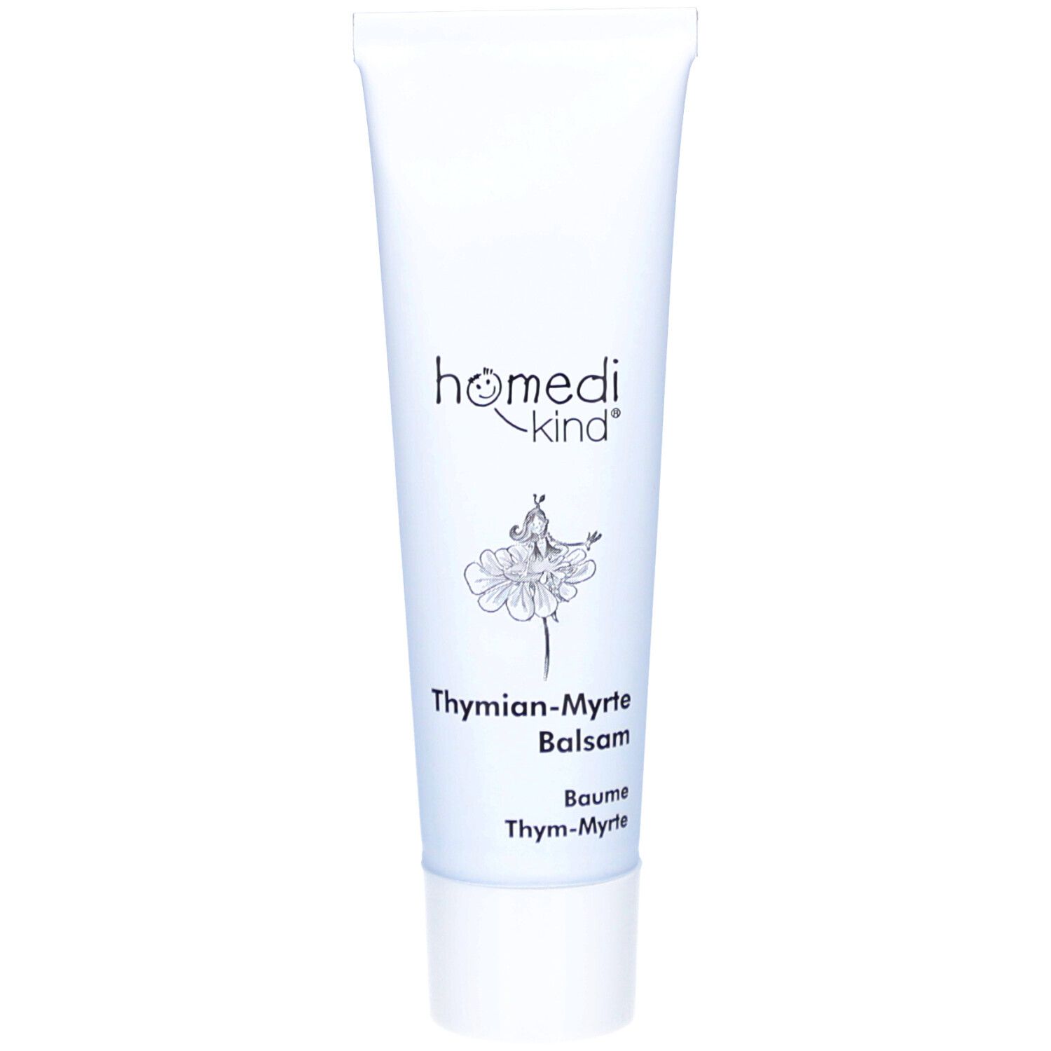 Tube blanche avec logo homedi-kind® et inscription Thymian-Myrte Balsam. Illustration du produit.