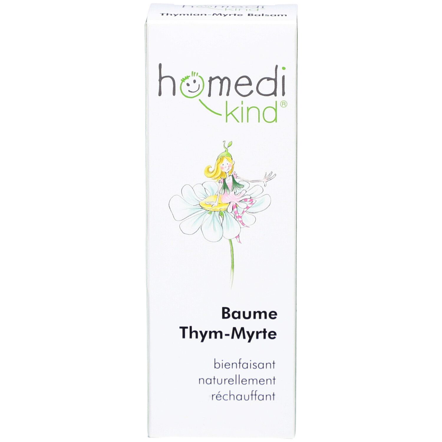 Emballage blanc du produit avec logo homedi-kind® et inscription Thymian-Myrte Balsam. Boîte.