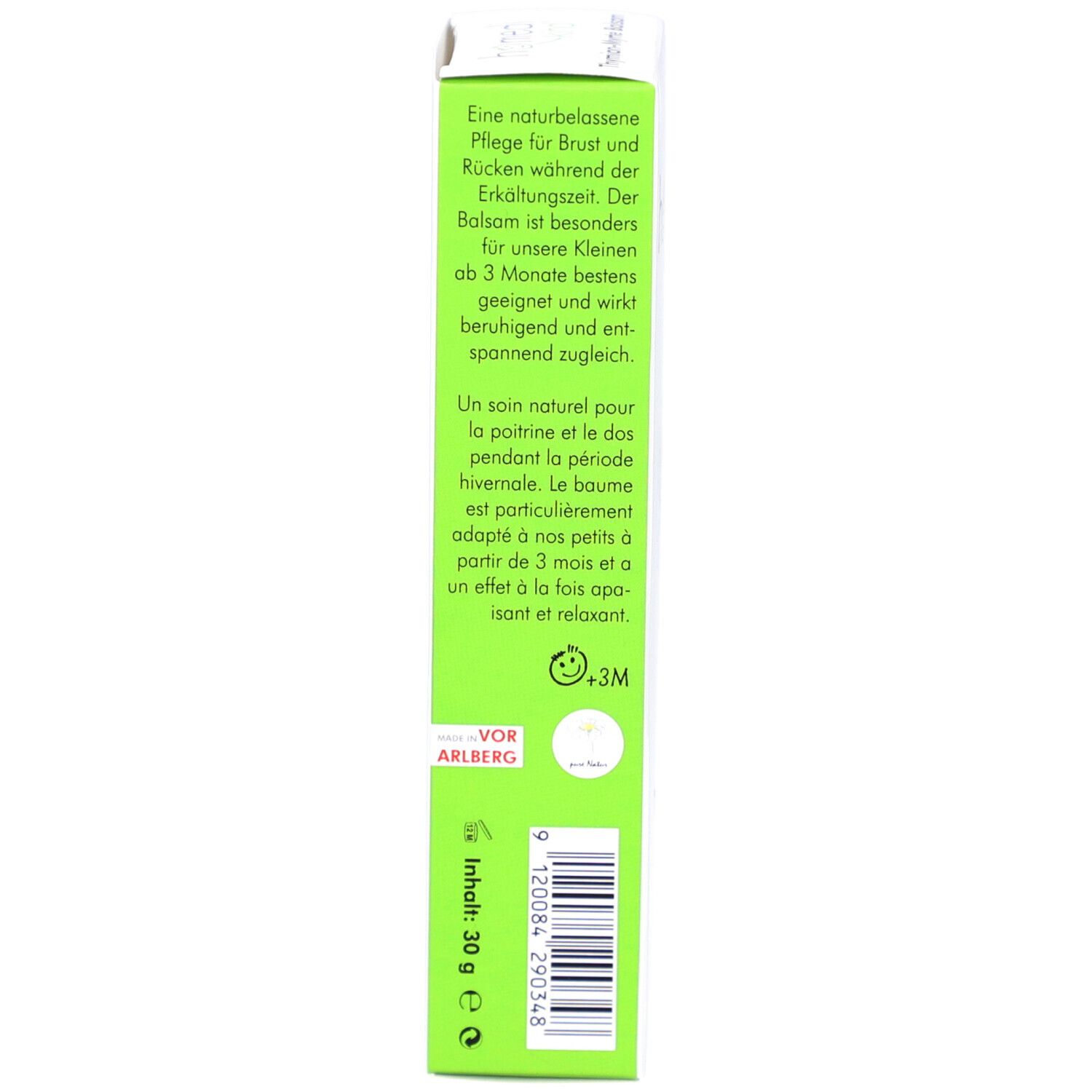 Côté vert de l'emballage du produit. Contient des informations sur le produit et un code-barres. Texte.
