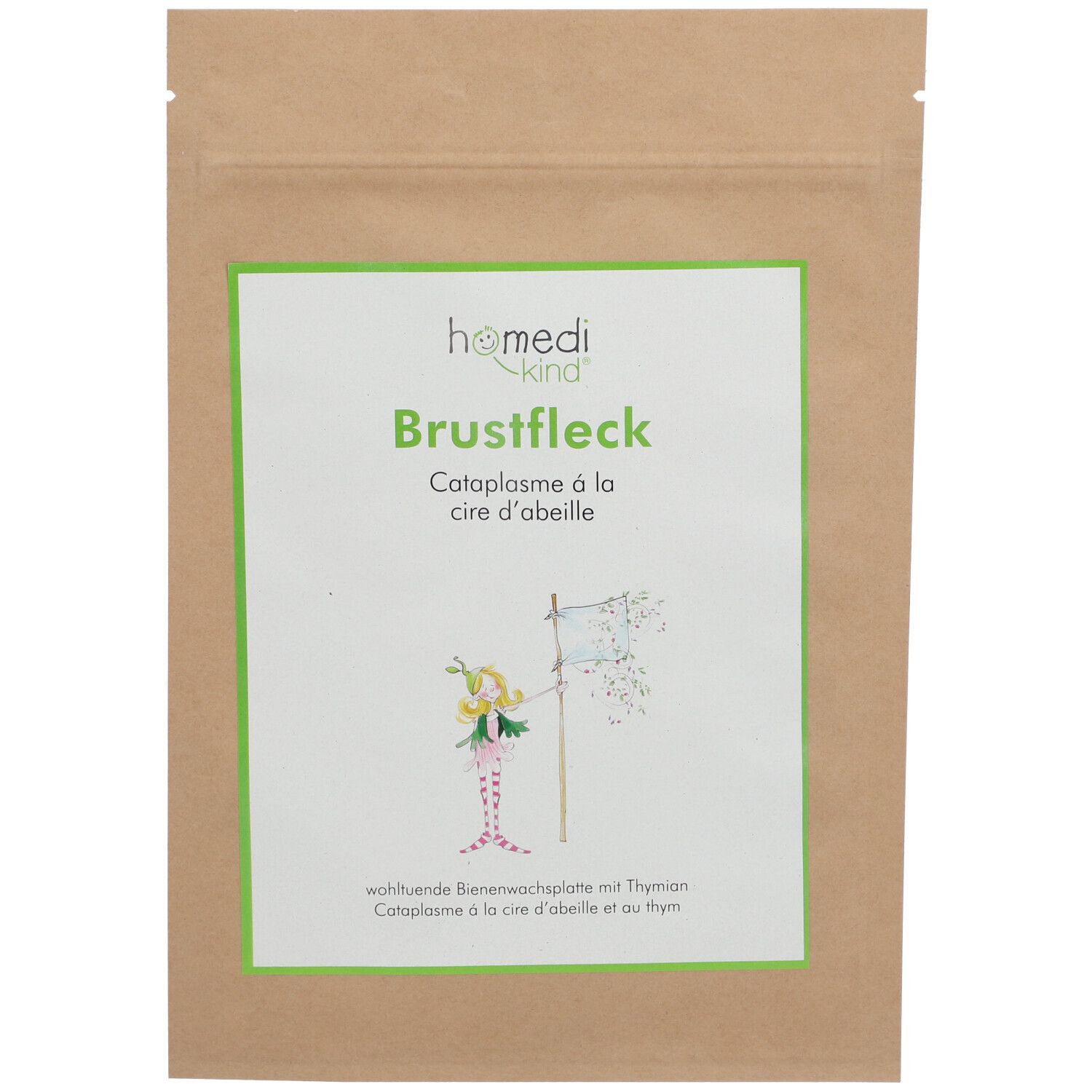 Zakje met homedi-kind® Brustfleck. Bedrukking met productnaam, illustratie en tekst. Groen omrand label op bruin papier.