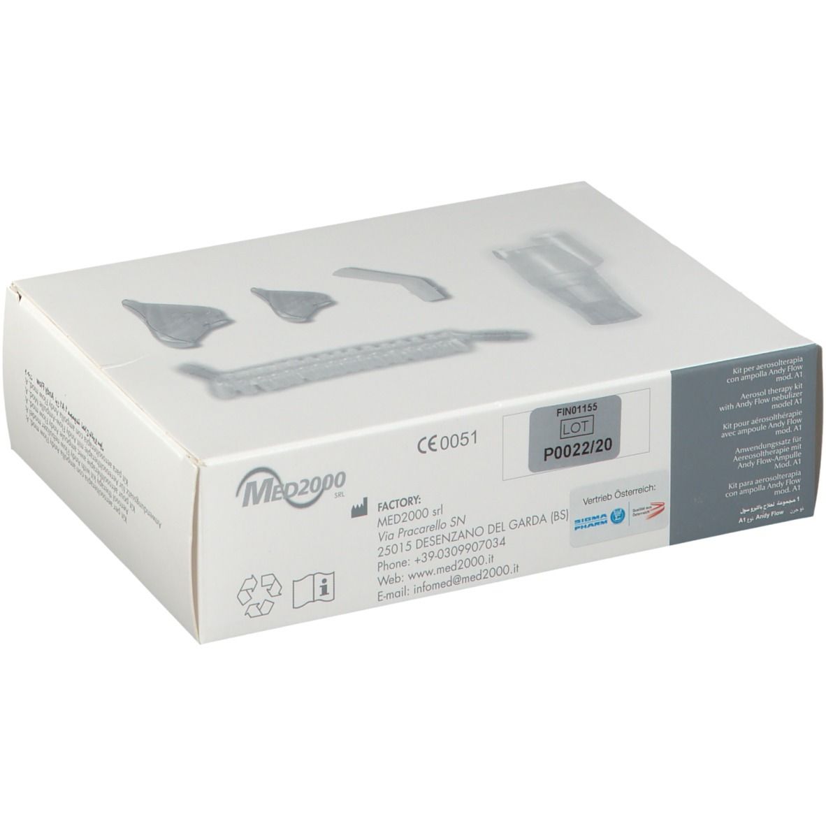 Verpakking met medische apparatuur. Grijze componenten op witte doos. Med2000 logo en CE-markering.