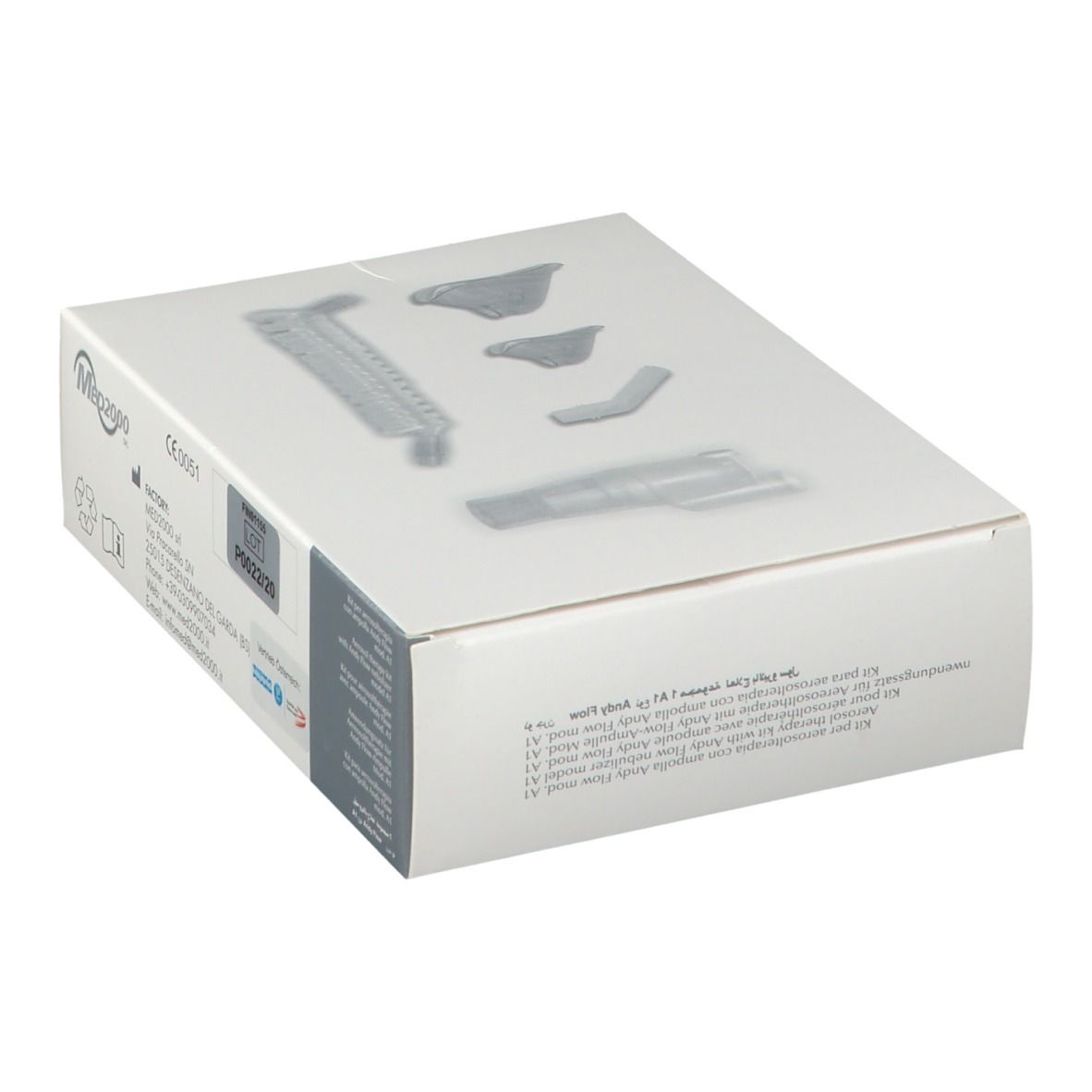 Verpakking met medische apparatuur. Grijze componenten op witte doos. Med2000 logo en CE-markering.