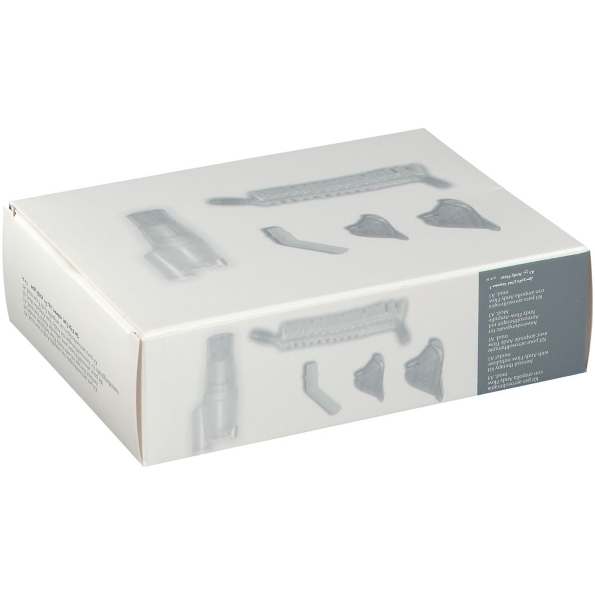 Verpakking met medische apparatuur. Grijze componenten op witte doos. Med2000 logo en CE-markering.