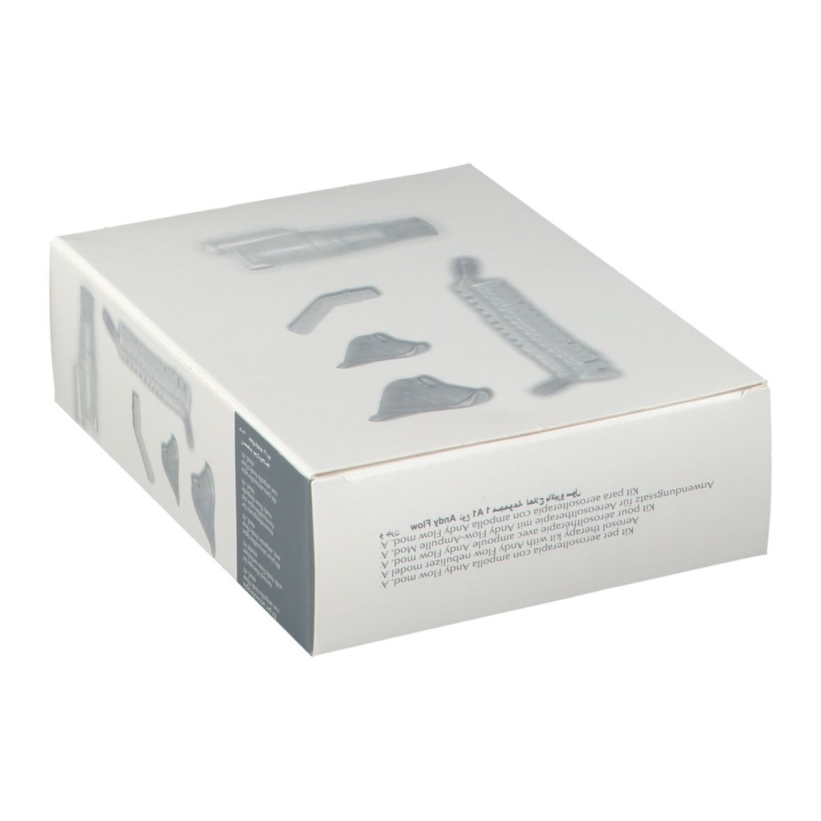 Verpakking met medische apparatuur. Grijze componenten op witte doos. Med2000 logo en CE-markering.
