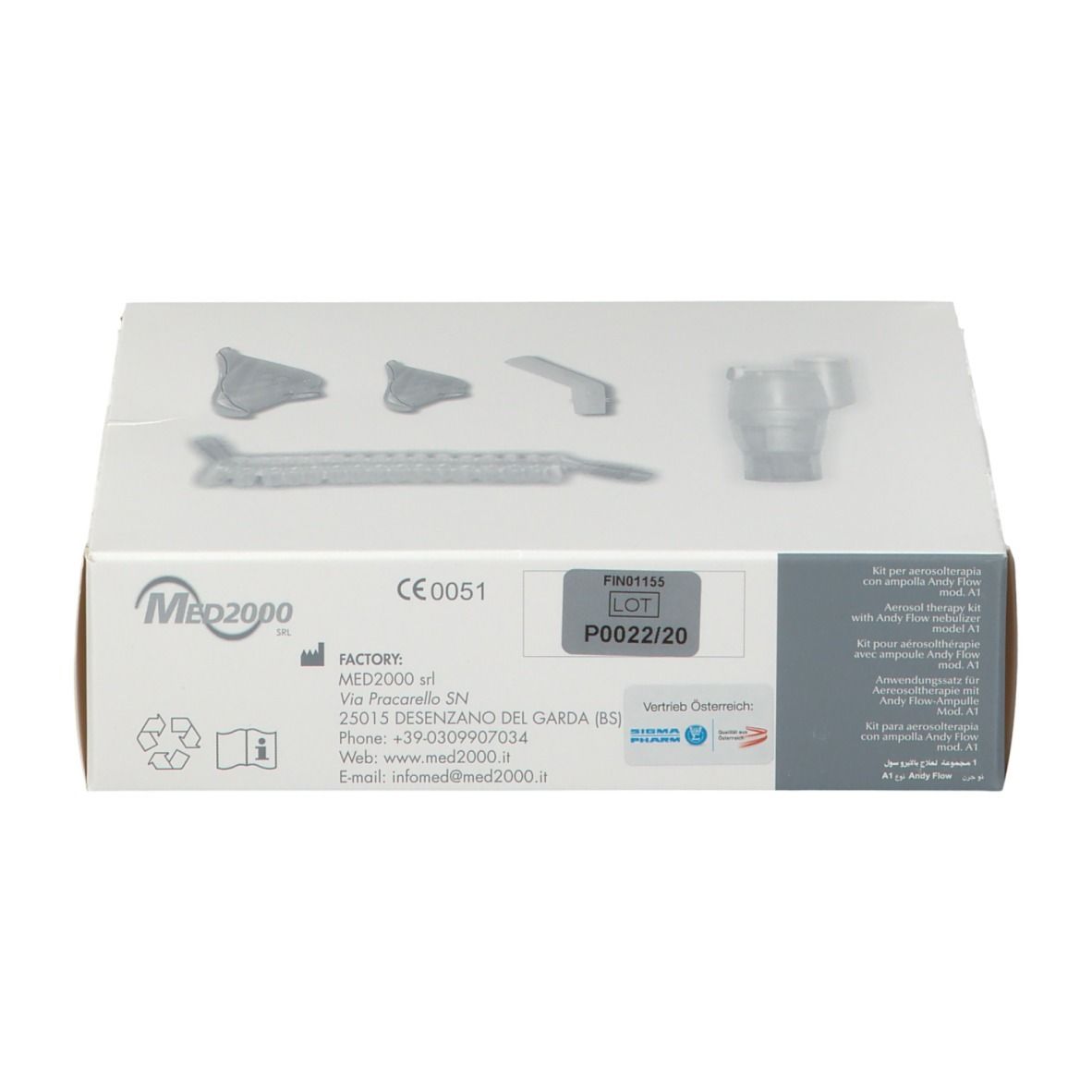 Verpakking met medische apparatuur. Grijze componenten op witte doos. Med2000 logo en CE-markering.
