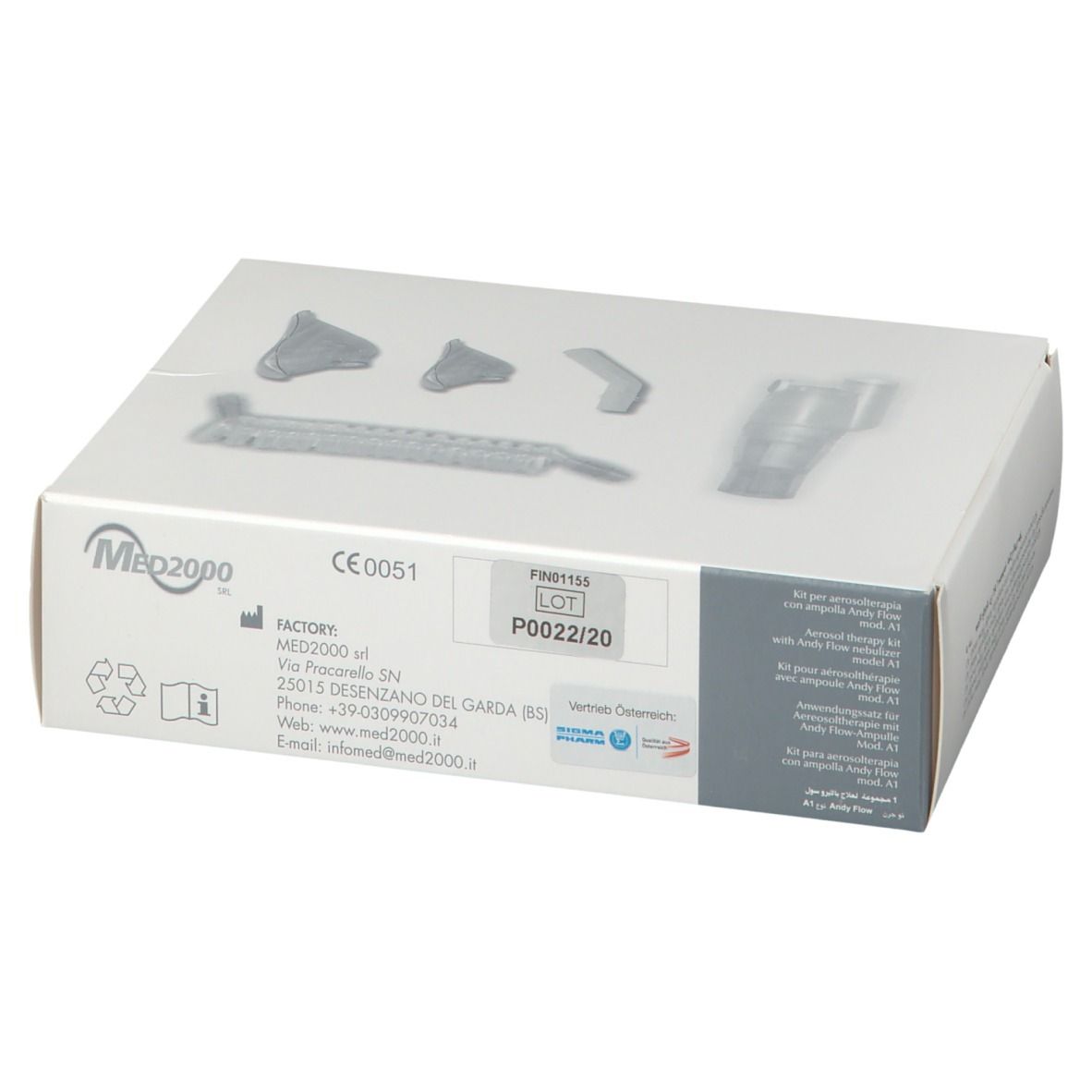 Verpakking met medische apparatuur. Grijze componenten op witte doos. Med2000 logo en CE-markering.