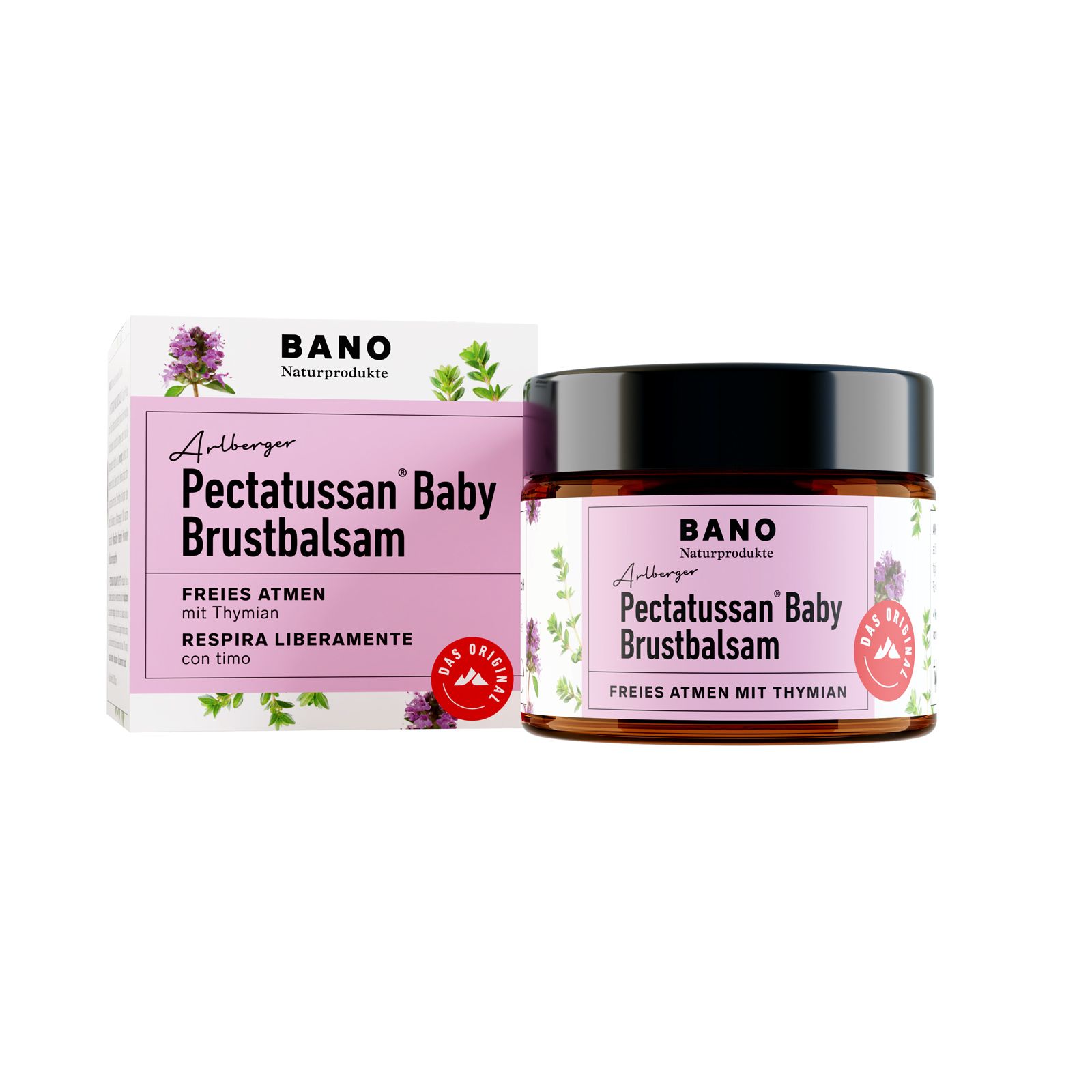 BANO Pectatussan® Baby Brustbalsam, roze etiket, zwarte deksel, naast verpakking. Opschrift: Vrij ademen met tijm.