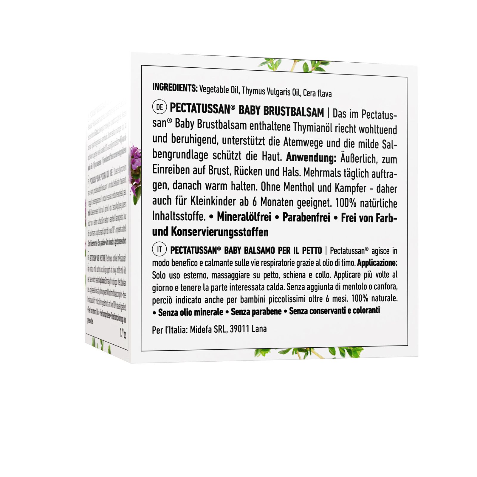 Verpakking van BANO Pectatussan® Baby Brustbalsam. Tekst in het Duits en Italiaans. Ingrediënten, gebruiksaanwijzing en andere informatie.