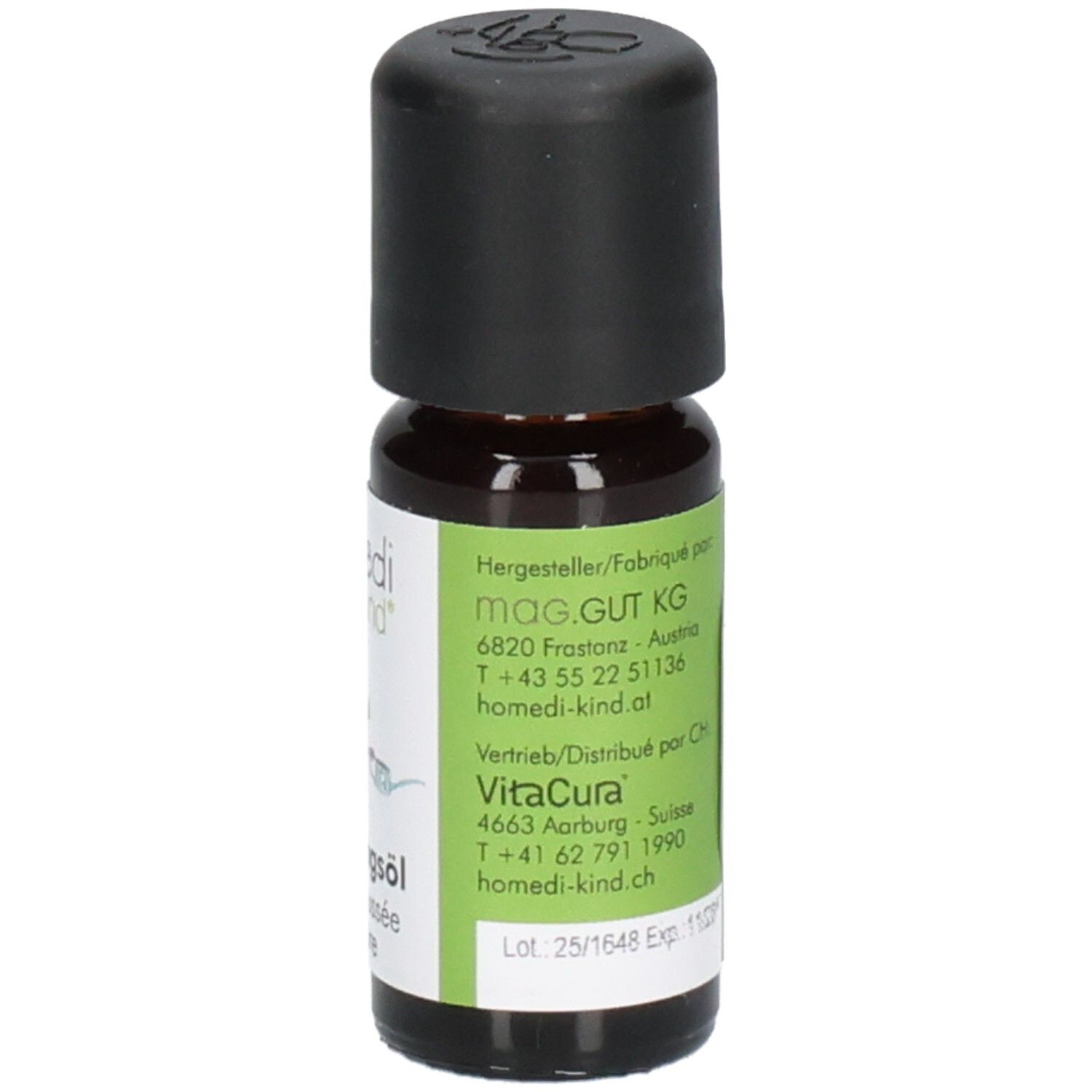 Flacon en verre brun avec bouchon noir. Étiquette avec ingrédients et logo. 10 ml.