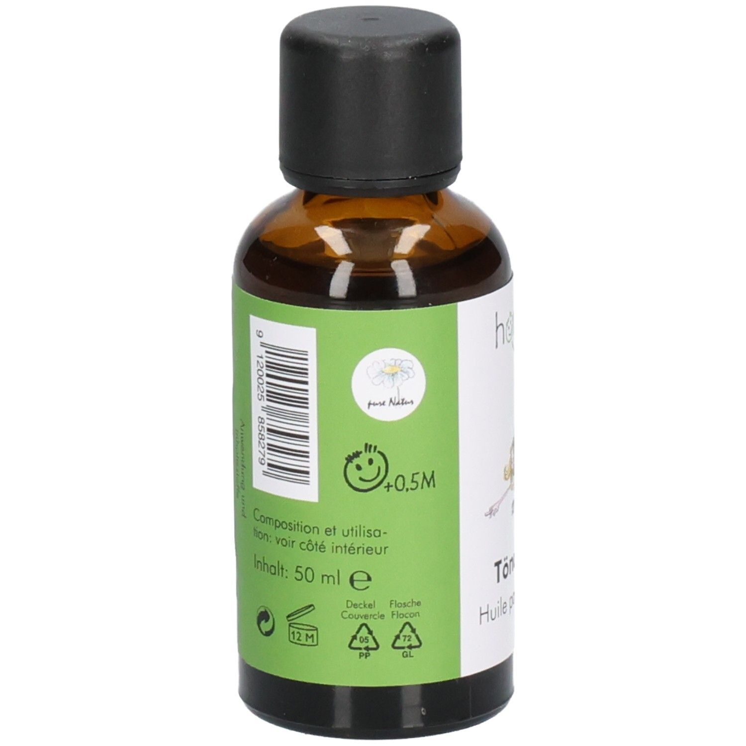 Achterkant van het flesje met barcode, zegels en productinformatie. Inhoud: 50 ml.