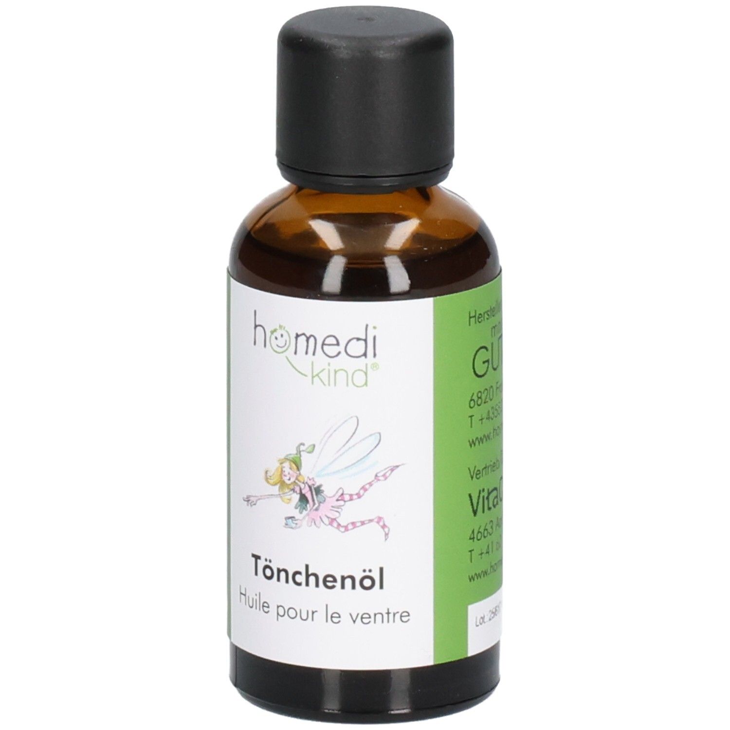 Flesje met etiket: homedi-kind® Tönchenöl, Huile pour le ventre. Fee-illustratie.