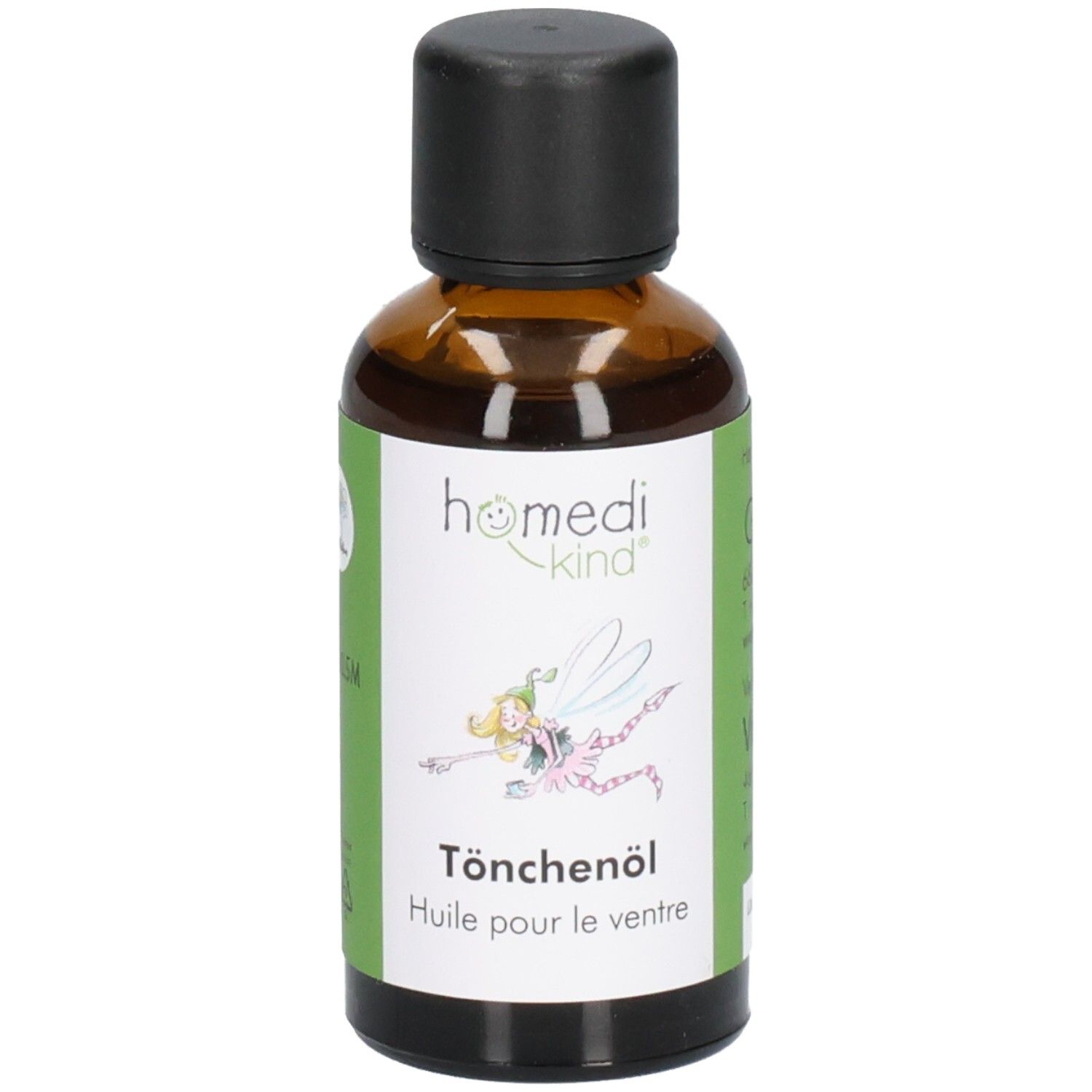 Amberkleurig glazen flesje met zwarte dop en groen etiket. Product: Tönchenöl.