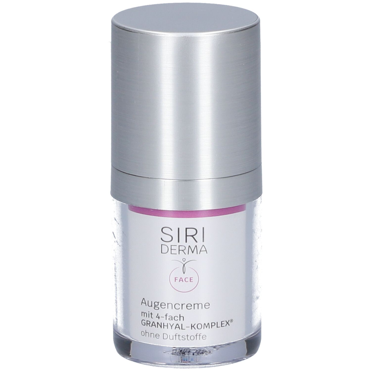 Cilindrische oogcrèmefles met zilveren dop. Opschrift: Siri Derma, Augencreme, 4-fach Granhyal-Komplex, zonder parfum.