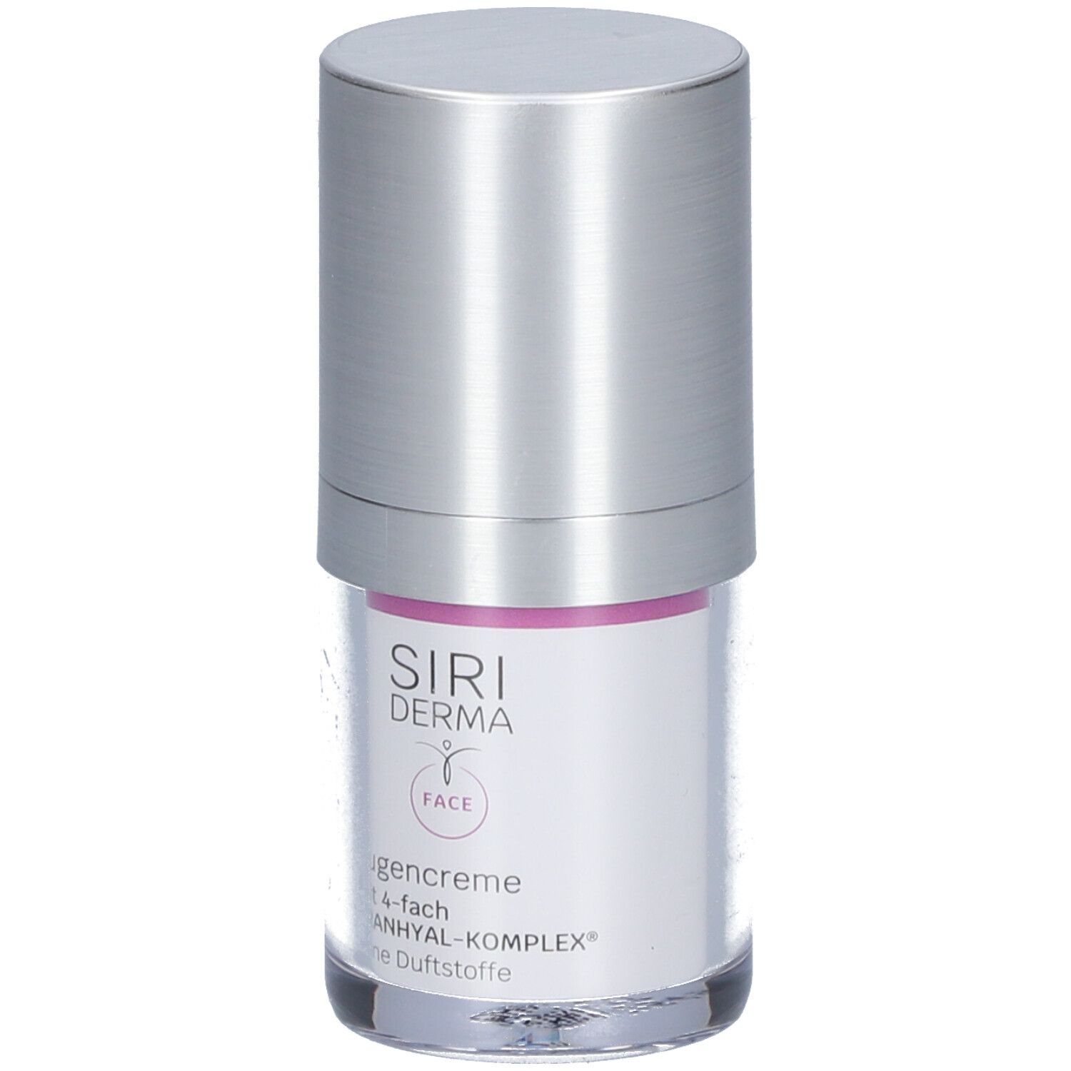 Oogcrèmefles met zilveren dop. Opschrift: Siri Derma, Augencreme, 4-fach Granhyal-Komplex, zonder parfum.
