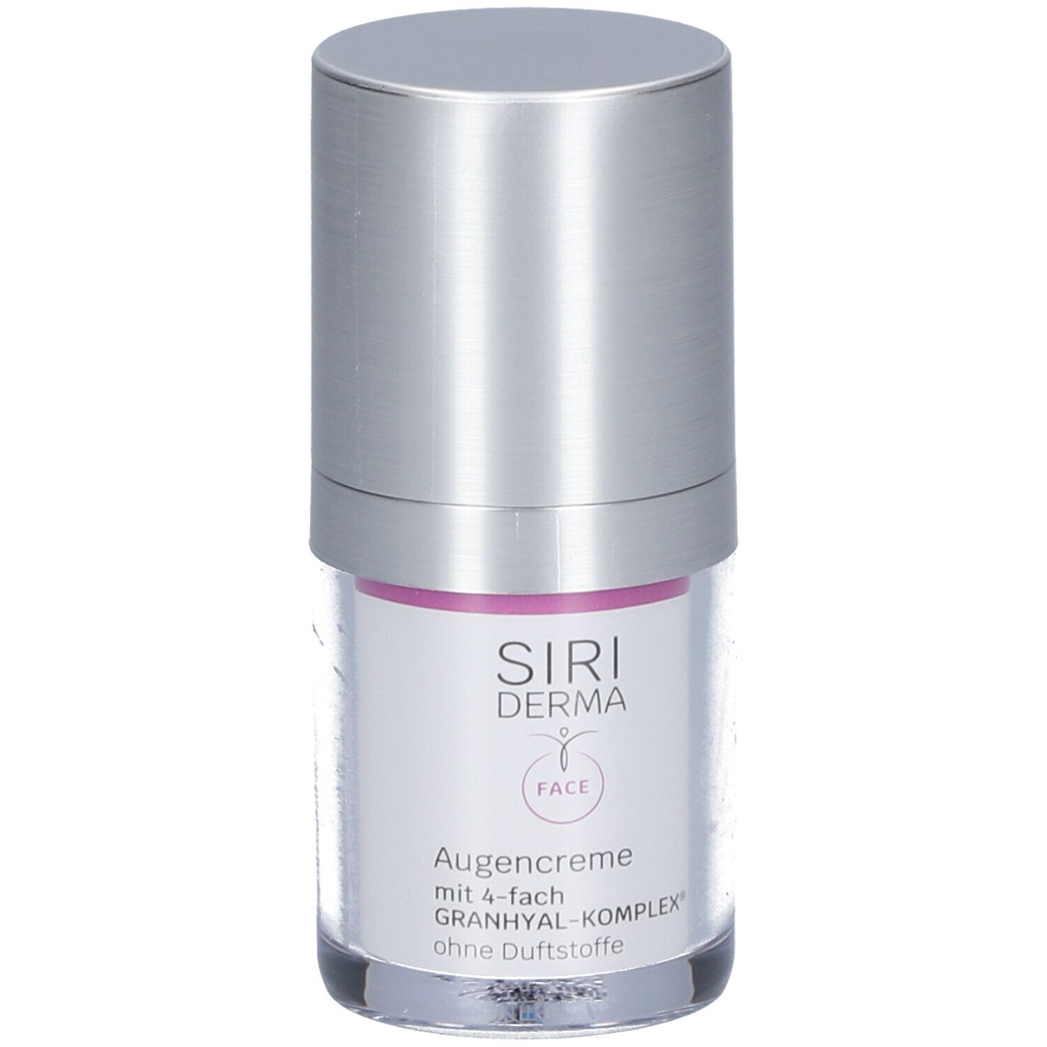 Oogcrèmefles met zilveren dop. Opschrift: Siri Derma, Augencreme, 4-fach Granhyal-Komplex, zonder parfum.