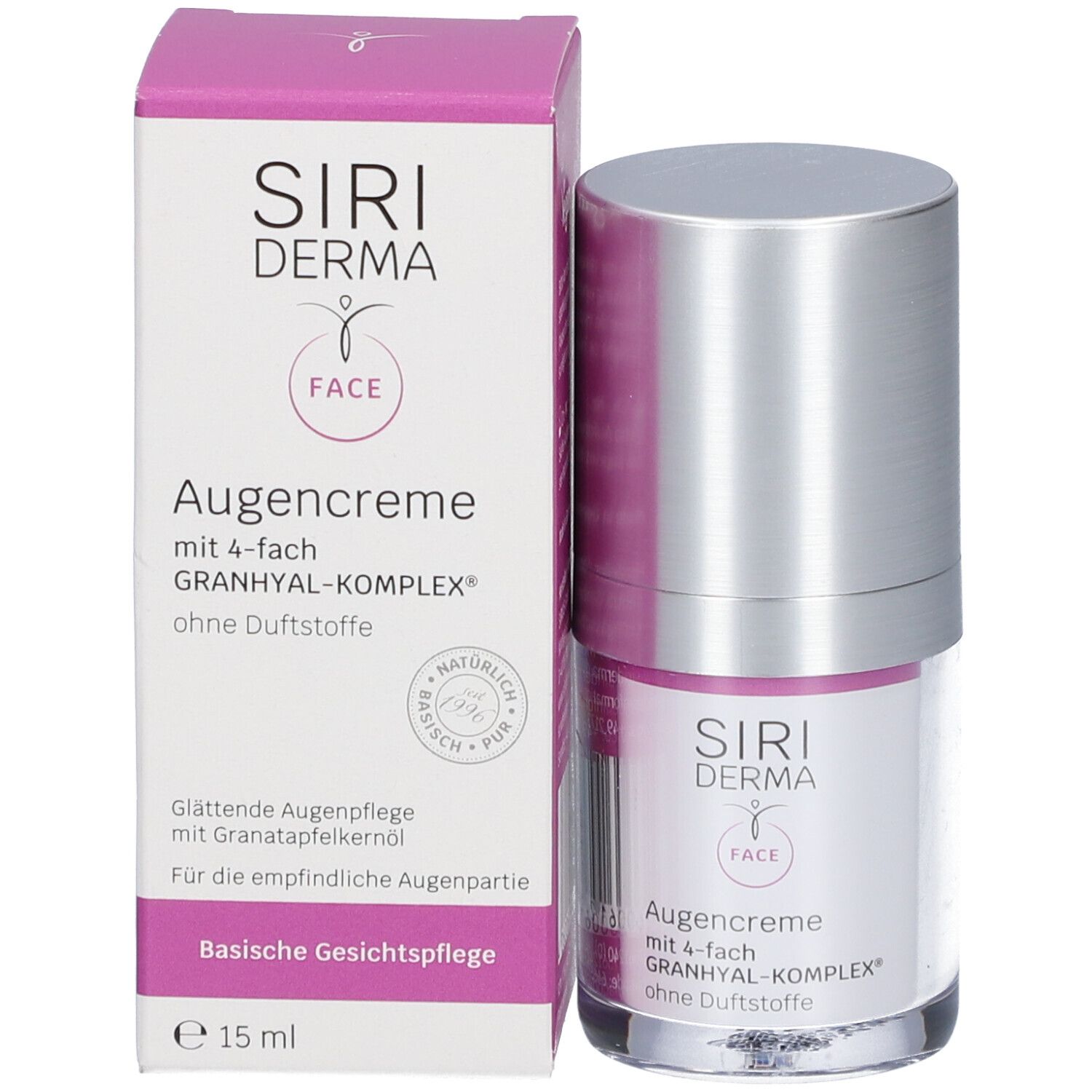 Oogcrèmefles en verpakking. Opschrift: Siri Derma, Augencreme, 4-fach Granhyal-Komplex, zonder parfum, 15 ml.