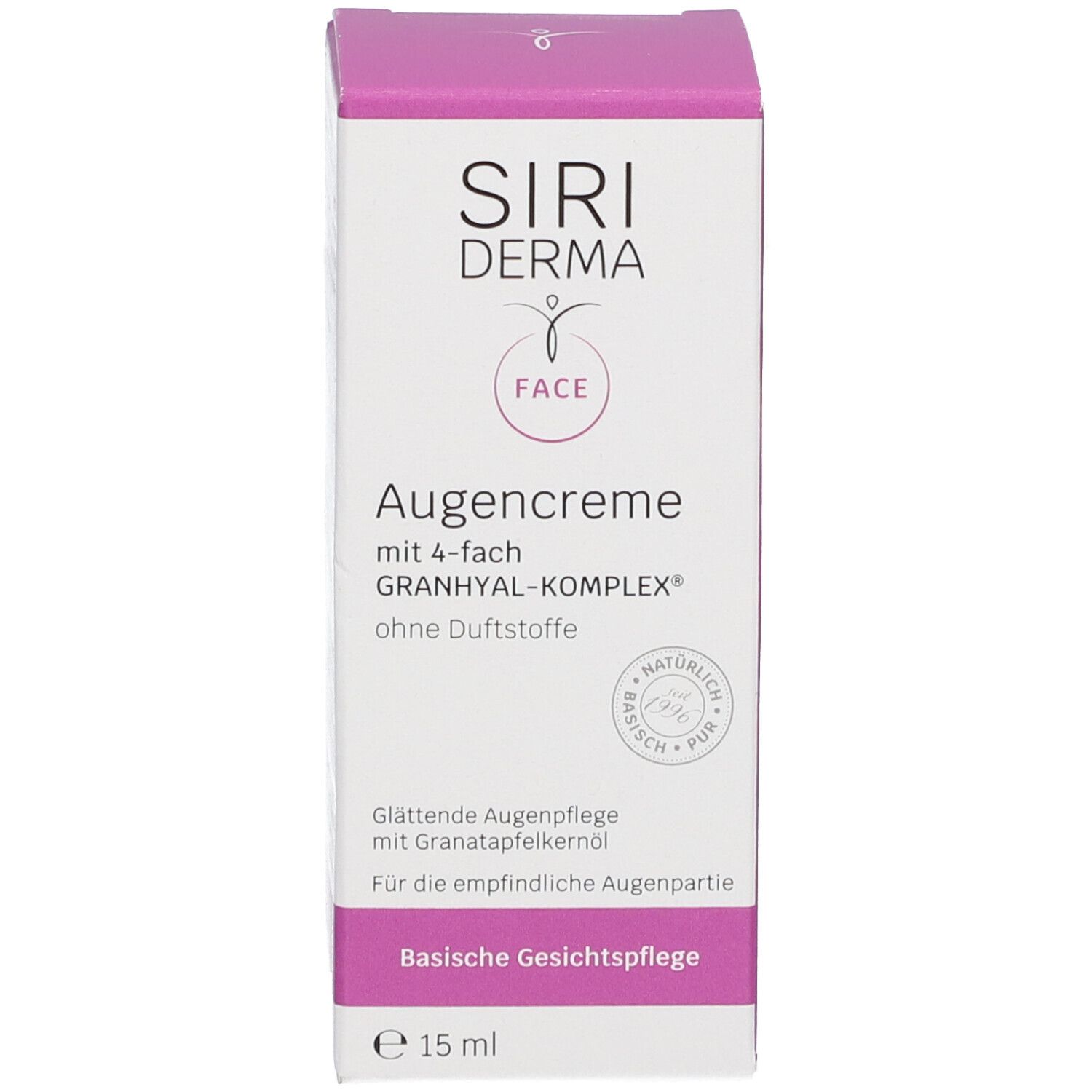 Verpakking van de oogcrème. Opschrift: Siri Derma, Augencreme, 4-fach Granhyal-Komplex, zonder parfum, 15 ml.