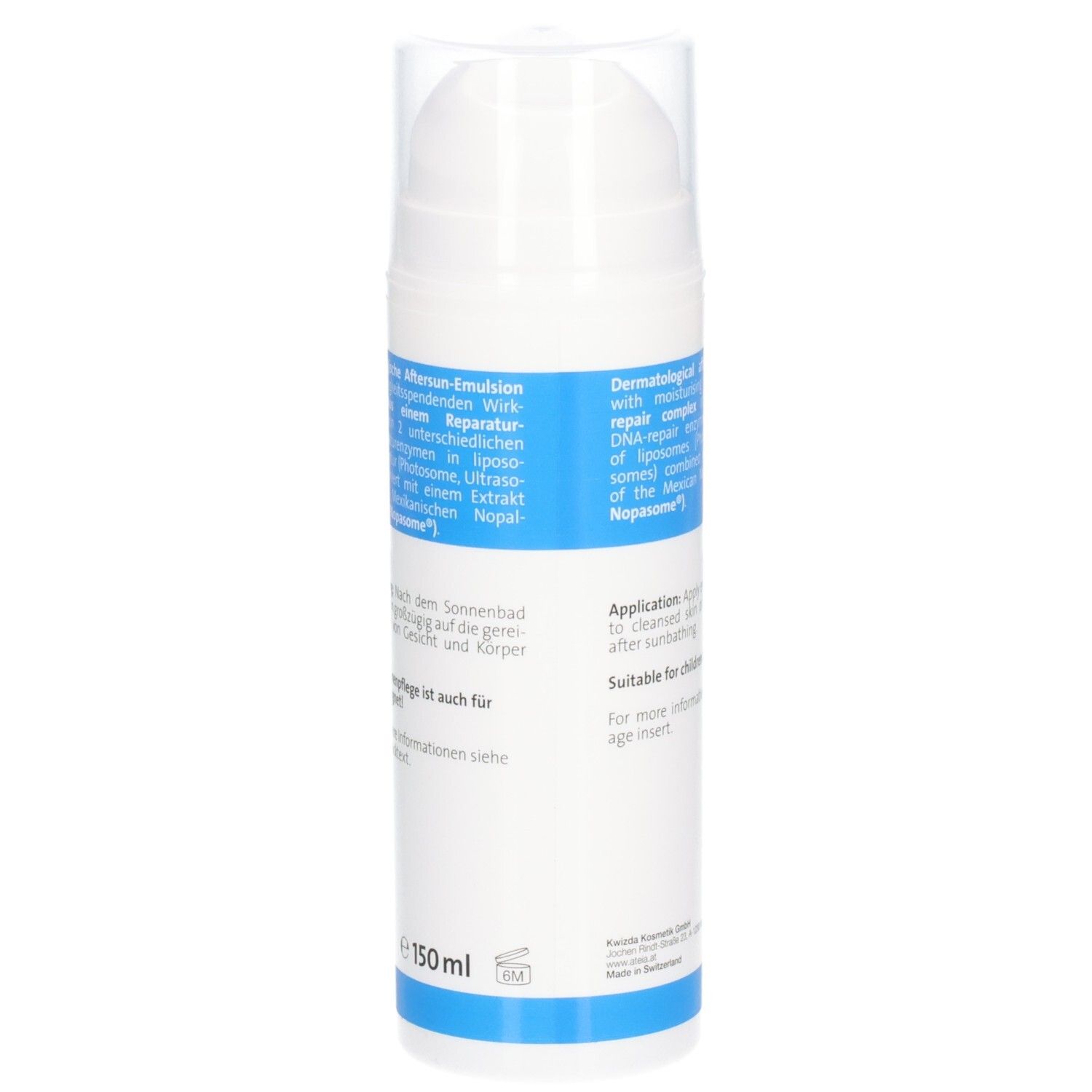 ATEIA® Aftersun Suncare Plus Repair. Dos du flacon. Texte: Émulsion après-soleil dermatologique. Application: Après le bain de soleil.