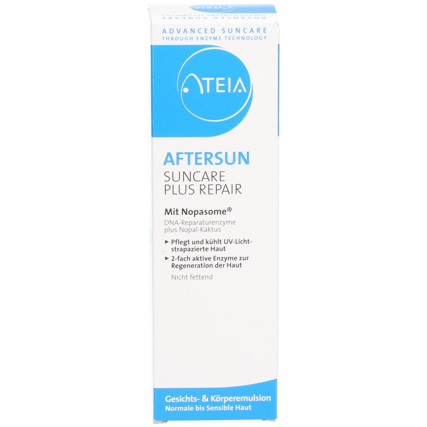ATEIA® Aftersun Suncare Plus Repair. Boîte. Texte: AFTERSUN, SUNCAR, PLUS, REPAIR. Avec Nopasome. Emballage blanc.