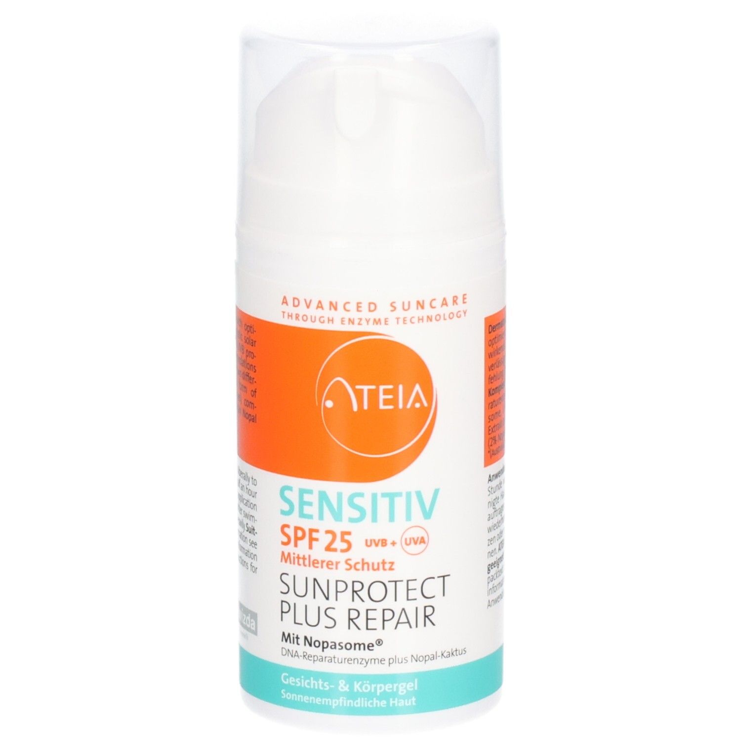 Flacon blanc avec étiquette orange. Texte: ATEIA, Sensitiv SPF 25, Sunprotect Plus Repair. Avec Nopasome.