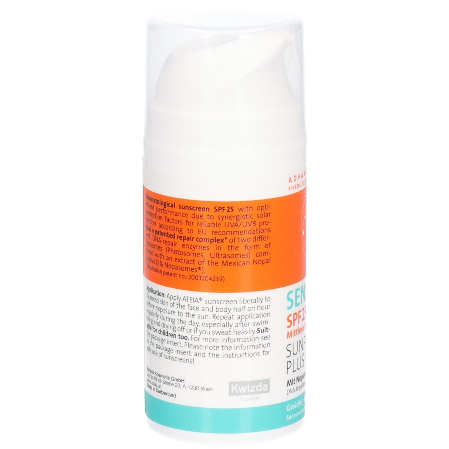 Dos du flacon blanc avec étiquette orange. Texte: Sensitiv SPF 25, Sunprotect Plus Repair. Instructions d'utilisation.