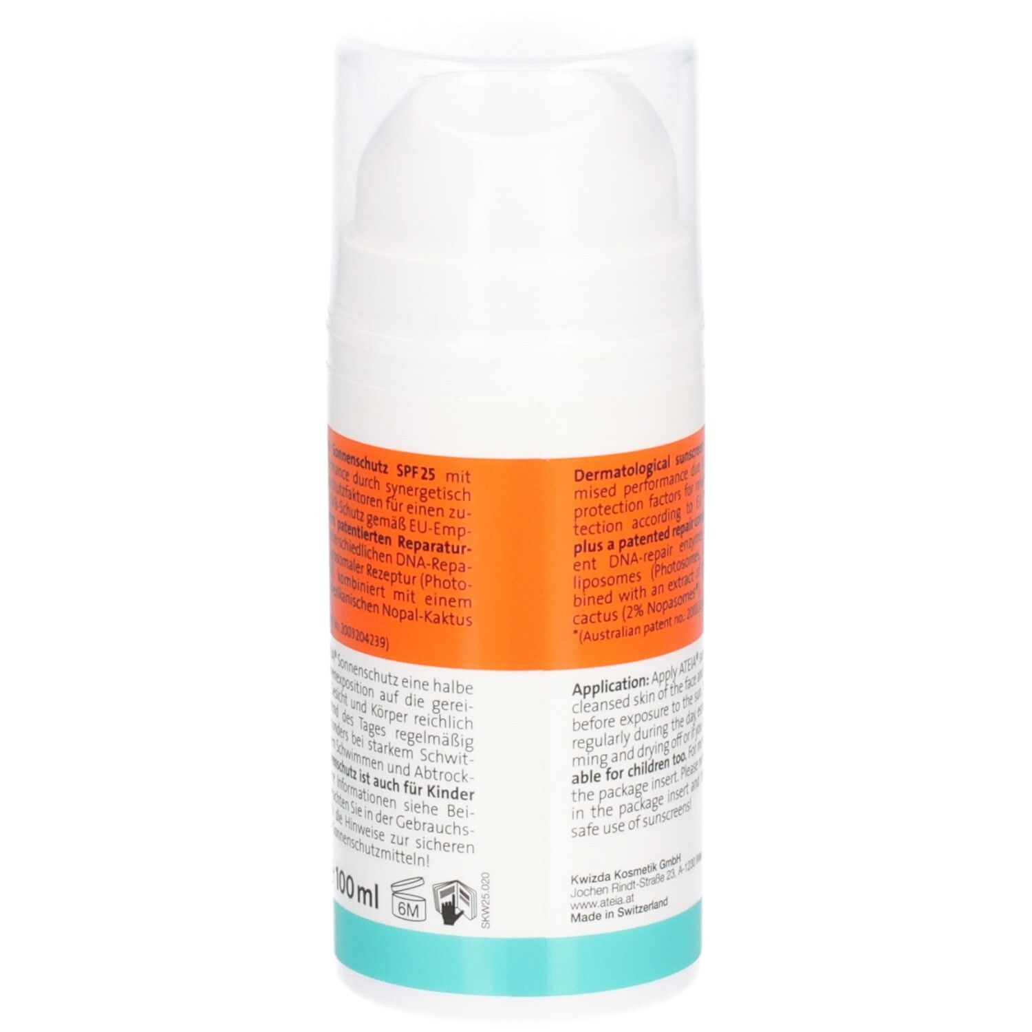 Dos du flacon blanc avec étiquette orange. Texte: Sensitiv SPF 25, Sunprotect Plus Repair. 100 ml.