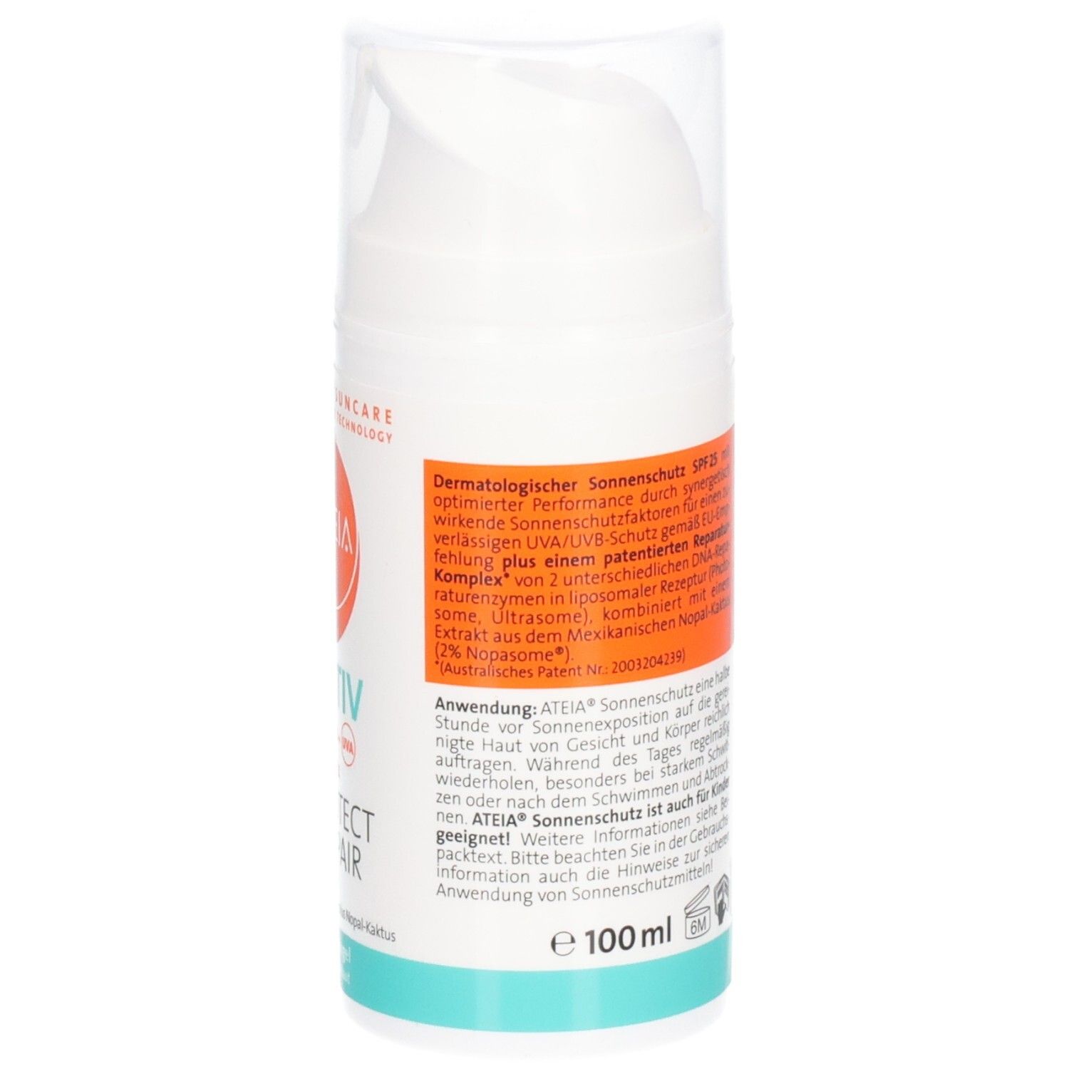 Dos du flacon blanc avec étiquette orange. Texte: Sensitiv SPF 25, Sunprotect Plus Repair. Instructions d'utilisation.