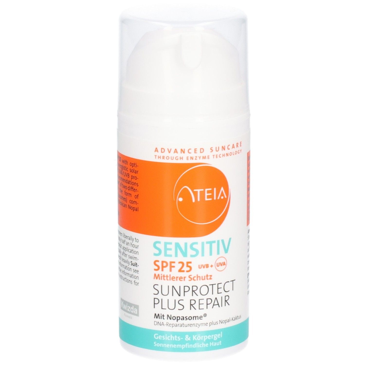 Flacon blanc avec étiquette orange. Texte: ATEIA, Sensitiv SPF 25, Sunprotect Plus Repair. Avec Nopasome.