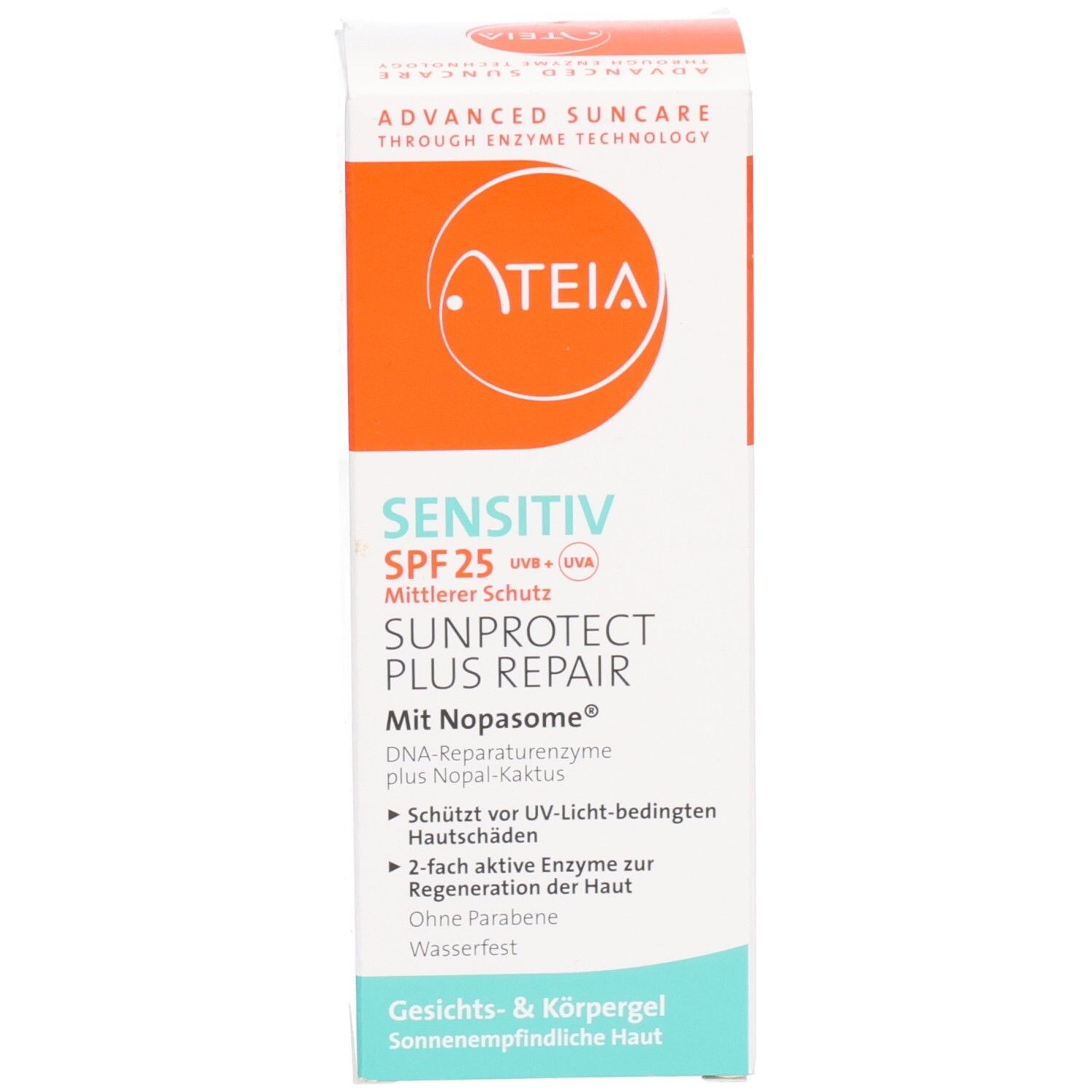Emballage. Carton blanc avec texte: ATEIA, Sensitiv SPF 25, Sunprotect Plus Repair. Avec Nopasome.