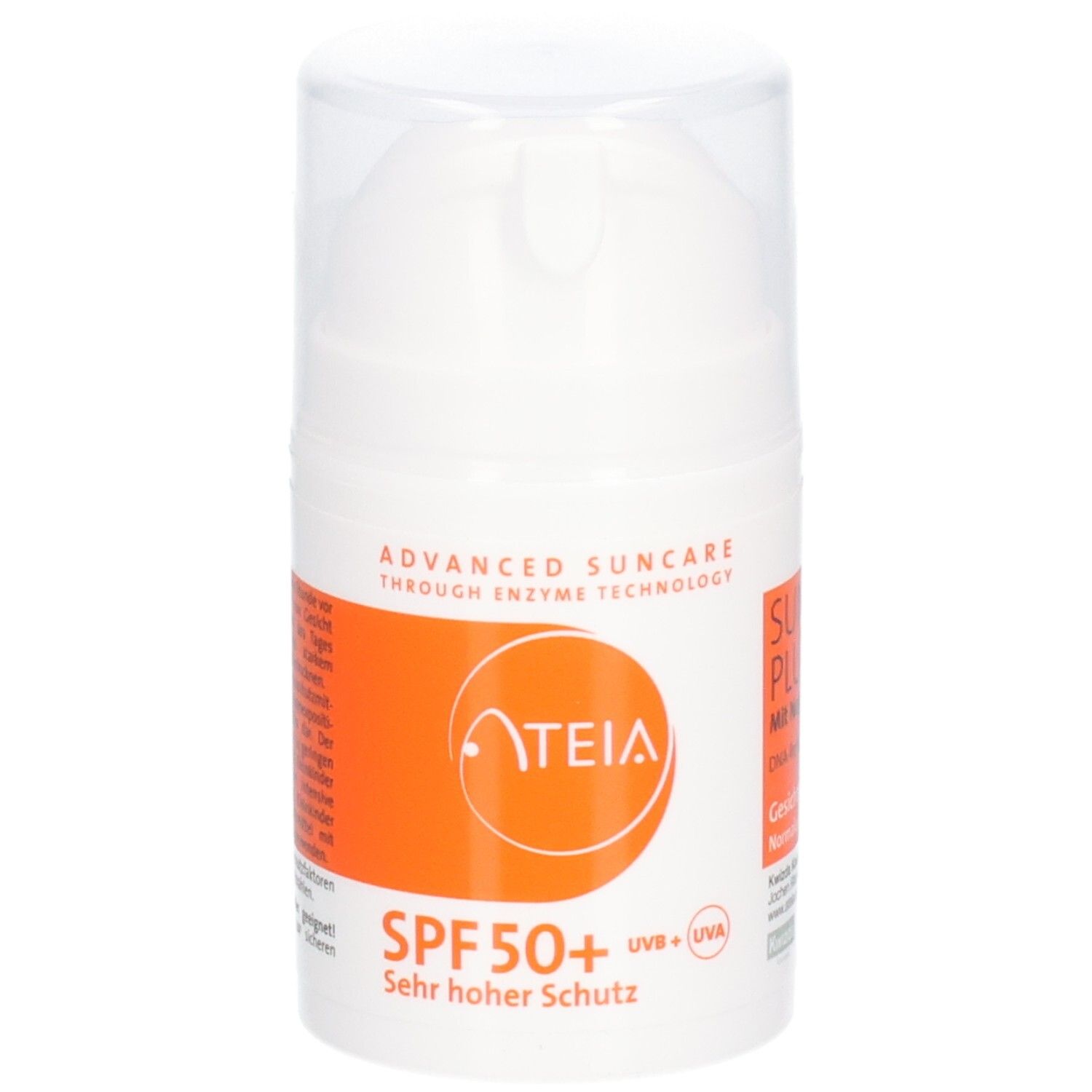 Witte fles met oranje etiket. Opschrift: ATEIA, SPF 50+, Zeer hoge bescherming. Transparante deksel.