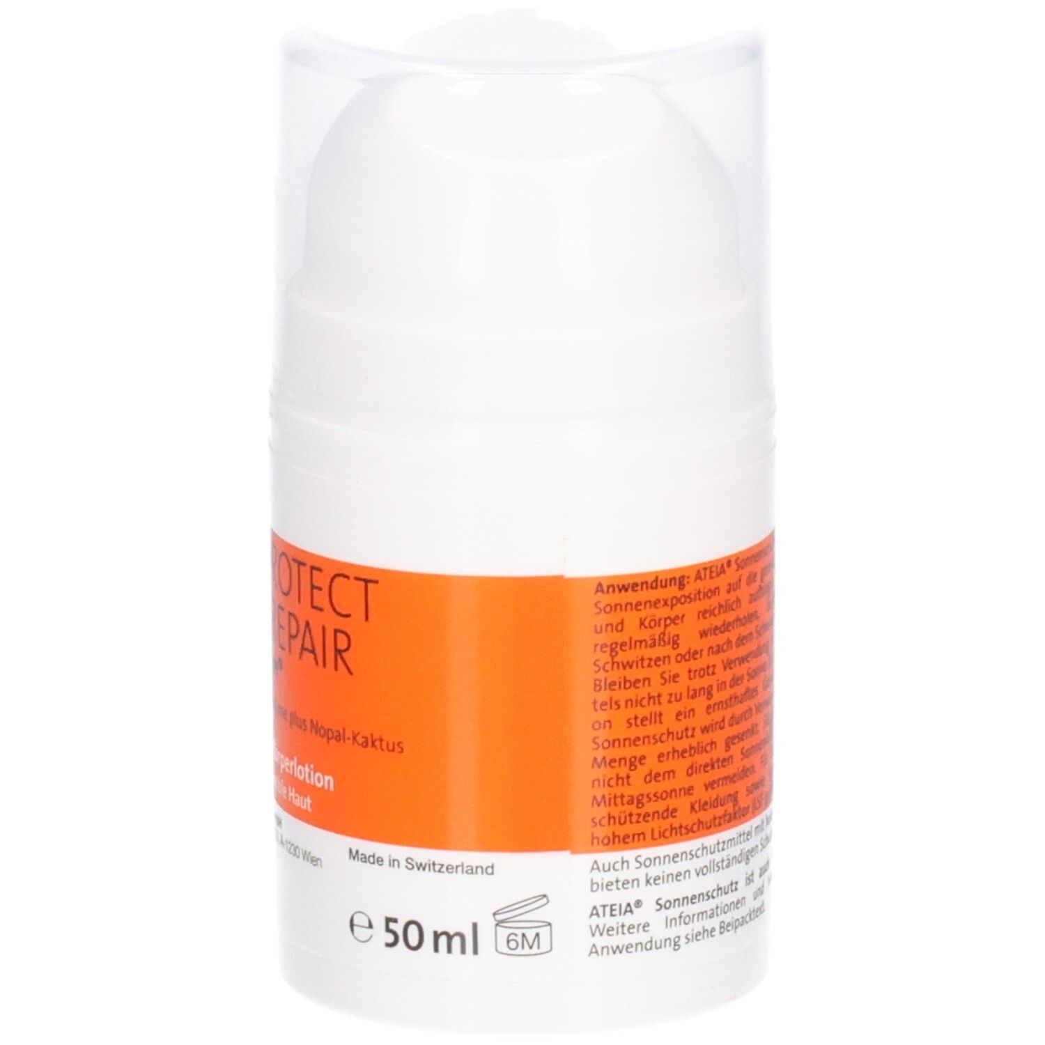 Witte fles met oranje etiket. Opschrift: SPF 50+, 50 ml. Transparante deksel. Tekst op achterkant.