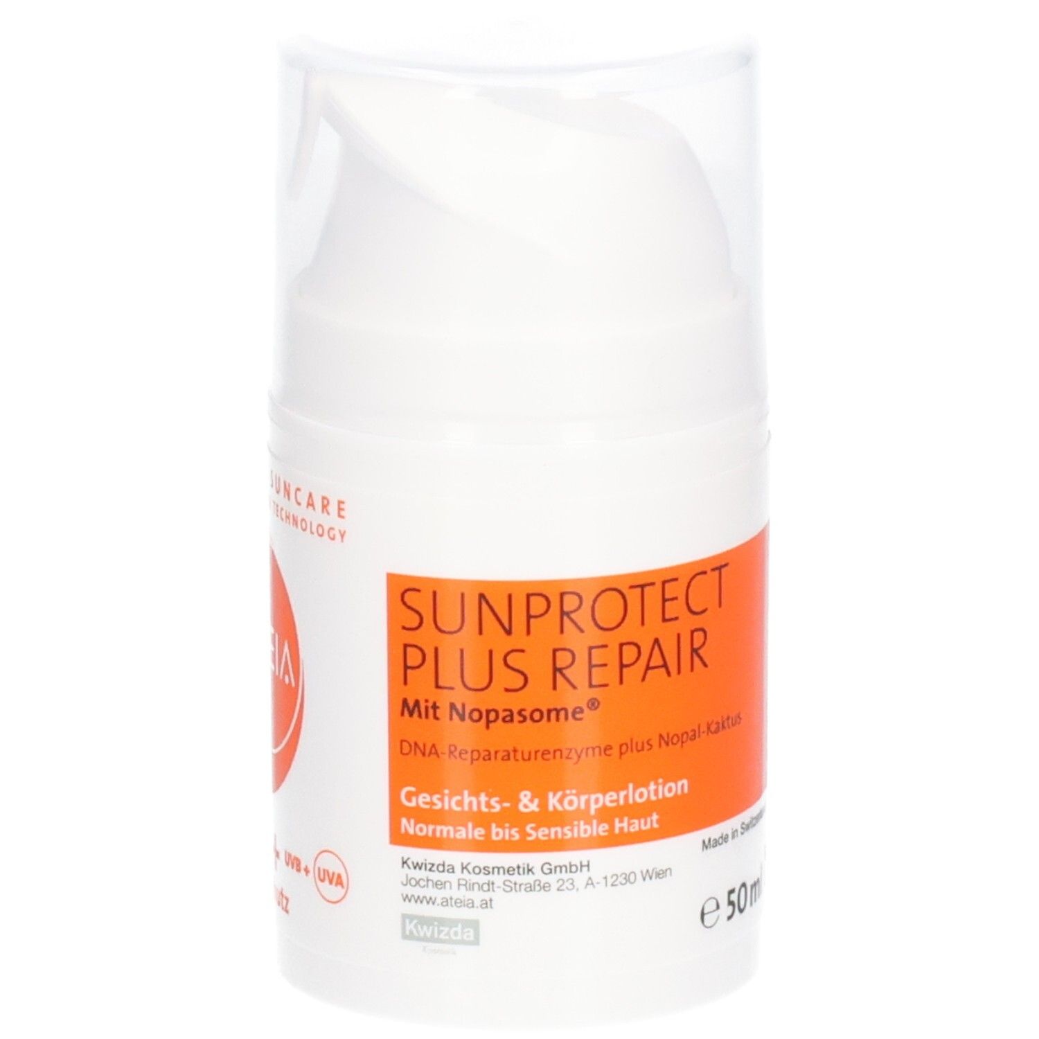 Witte fles met oranje etiket. Opschrift: SUNPROTECT PLUS REPAIR, gezichts- & bodylotion. Transparante deksel.