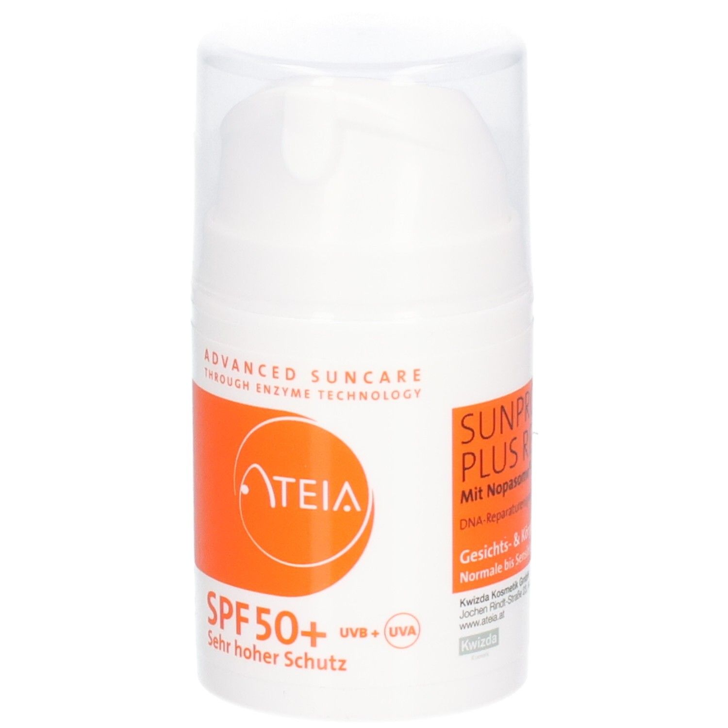 Witte fles met oranje etiket. Opschrift: ATEIA, SPF 50+, Zeer hoge bescherming. Transparante deksel.