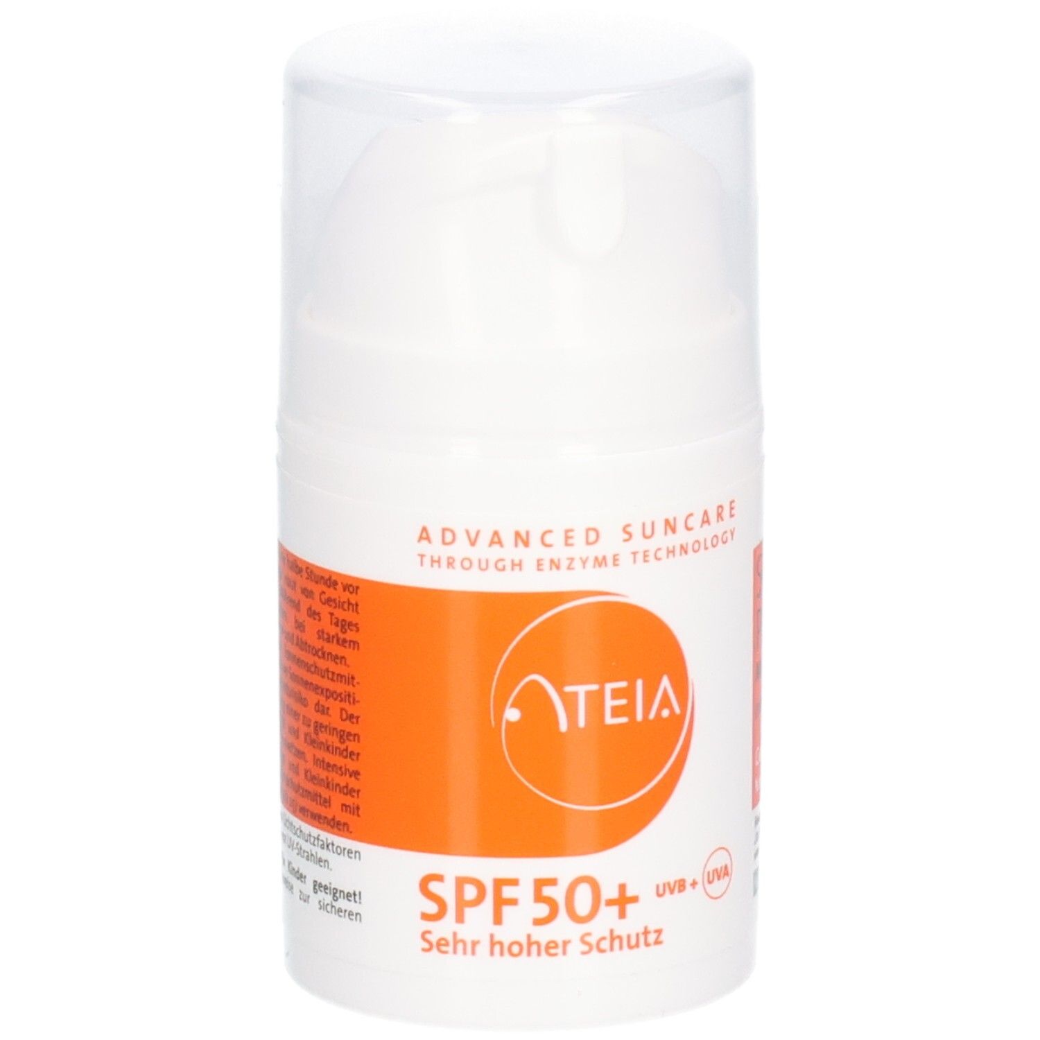 Witte fles met oranje etiket. Opschrift: ATEIA, SPF 50+, Zeer hoge bescherming. Transparante deksel.