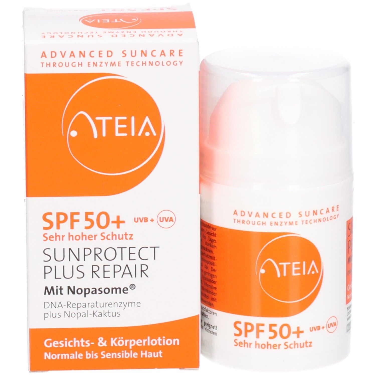 Productverpakking met fles. Opschrift: ATEIA, SPF 50+, SUNPROTECT PLUS REPAIR. Oranje etiket en doos.